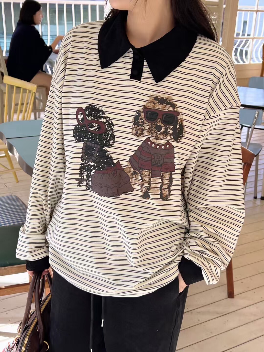 條紋狗狗黑領POLO衫