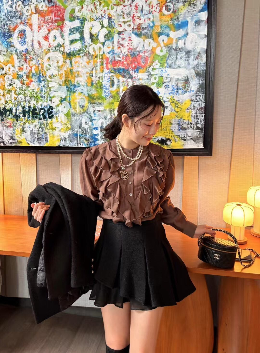 高腰毛呢斜擺褲裙