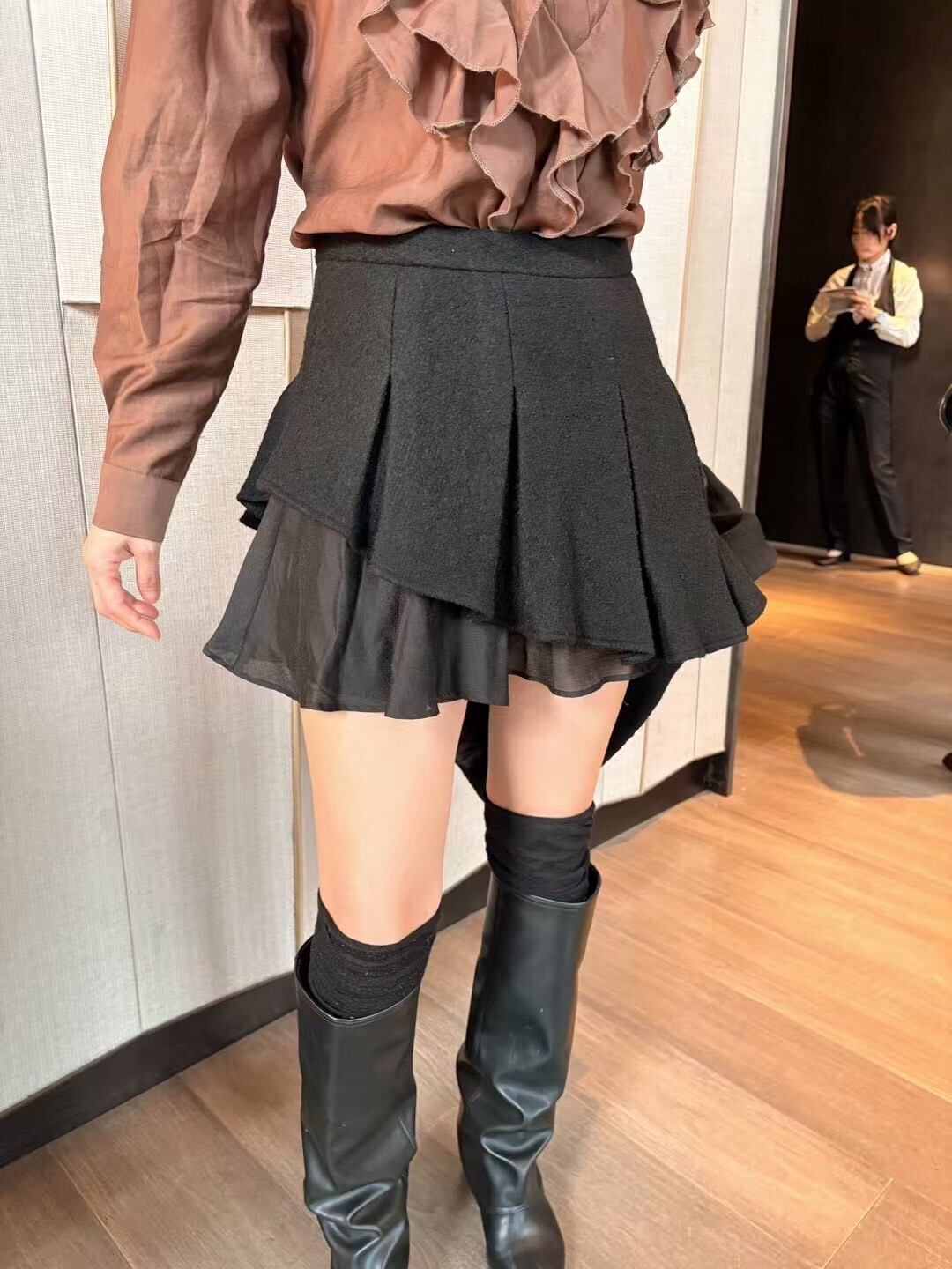 高腰毛呢斜擺褲裙