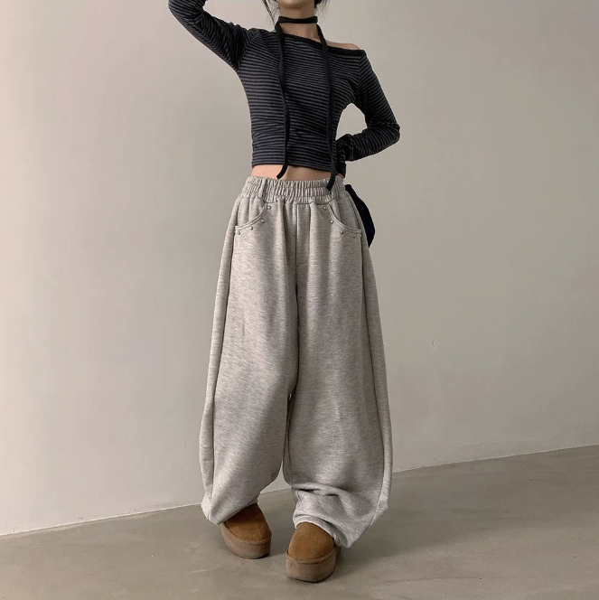 秋冬預訂｜高腰鉚釘抓絨訓練寬褲