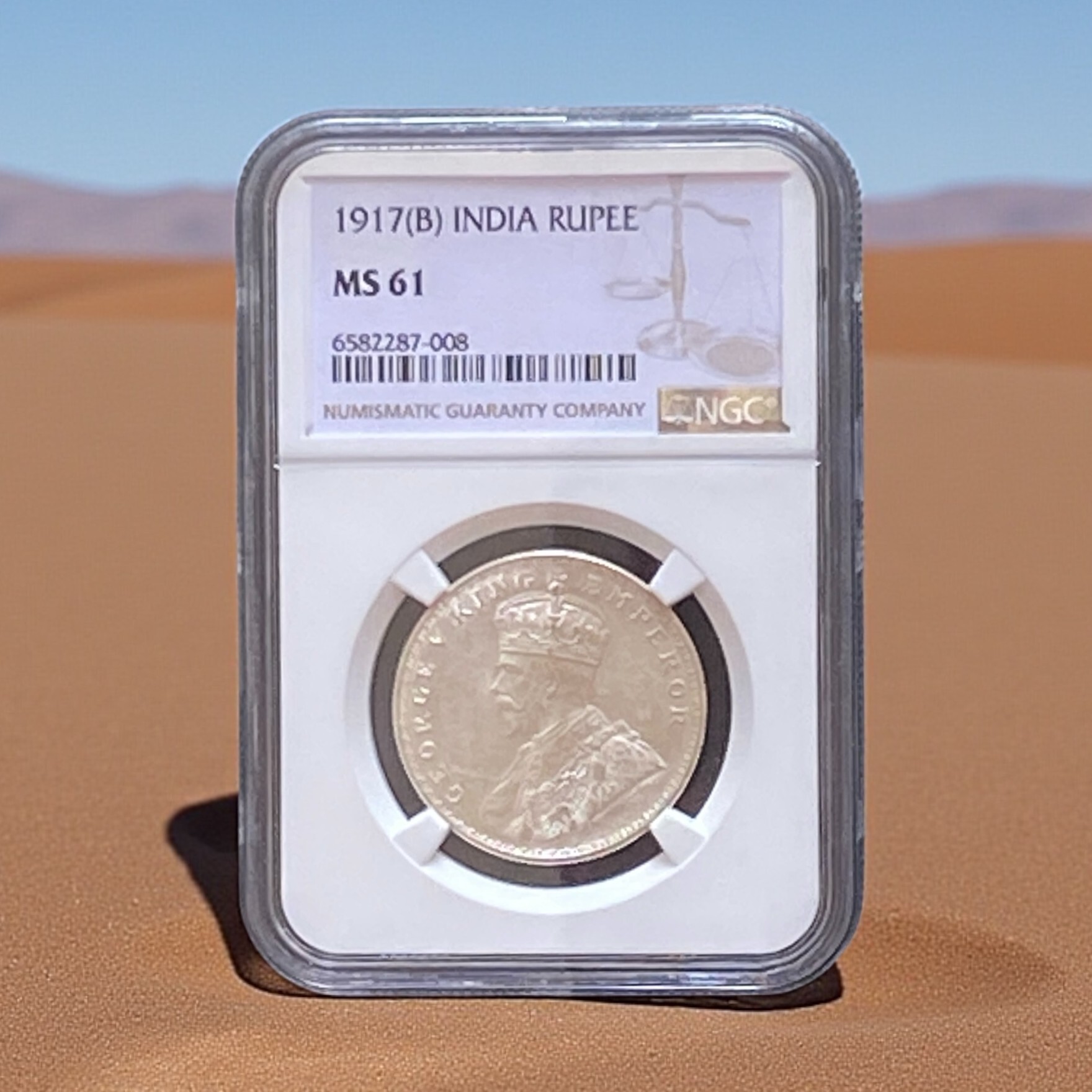 1917 (B) British India George V 1 Rupee Silver Coin (NGC MS 61)