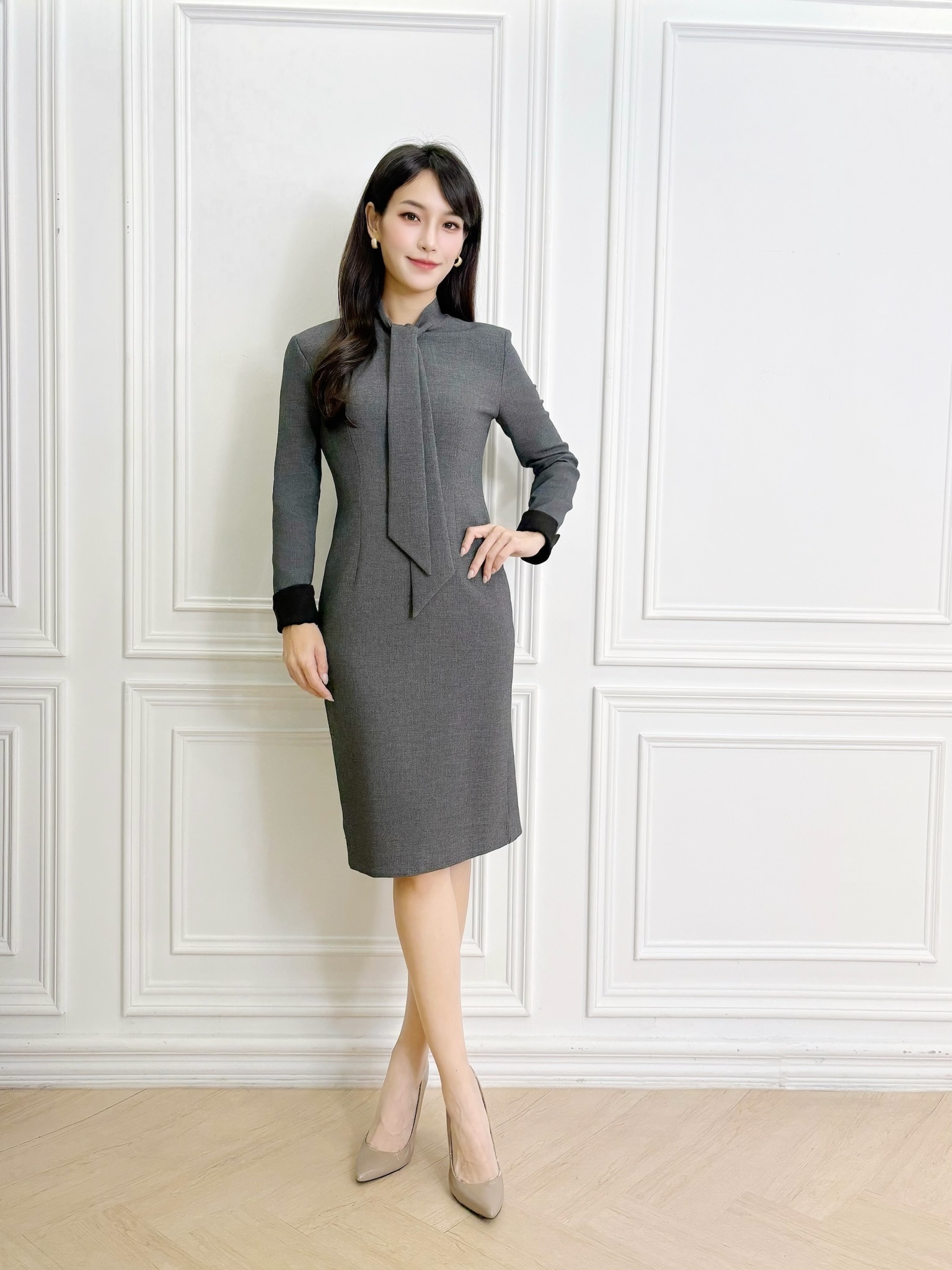 領巾腰身袖麂皮洋裝