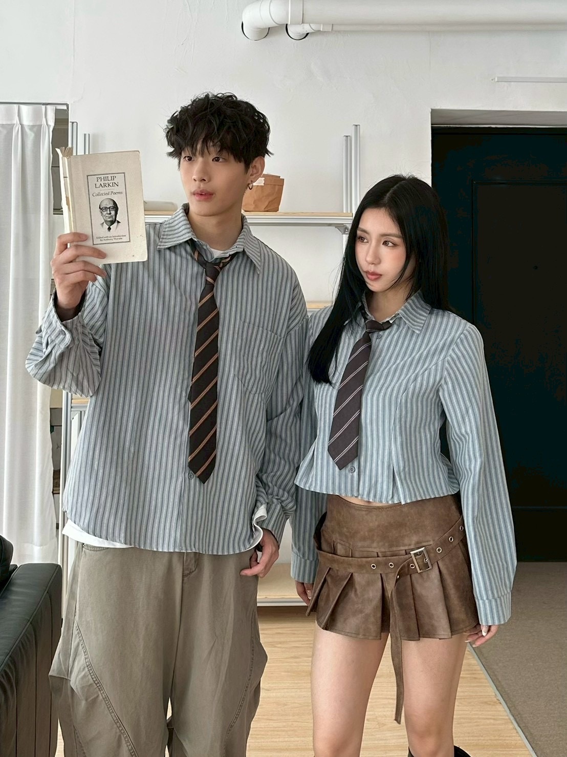 mmb秋冬情侶直條襯衫附領帶