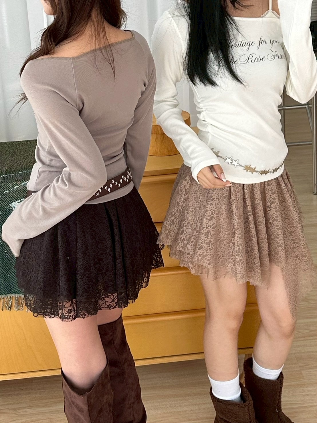 可可奶茶不規則蕾絲裙