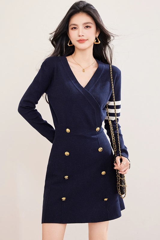 V領雙排釦針織洋裝 兩色