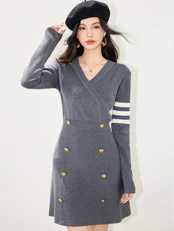 V領雙排釦針織洋裝 兩色