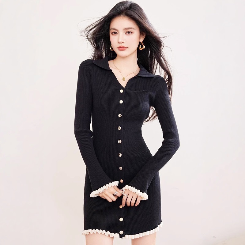 黑XL【零碼出清不退換】V領排釦滾邊針織洋裝