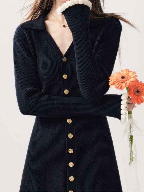 黑XL【零碼出清不退換】V領排釦滾邊針織洋裝