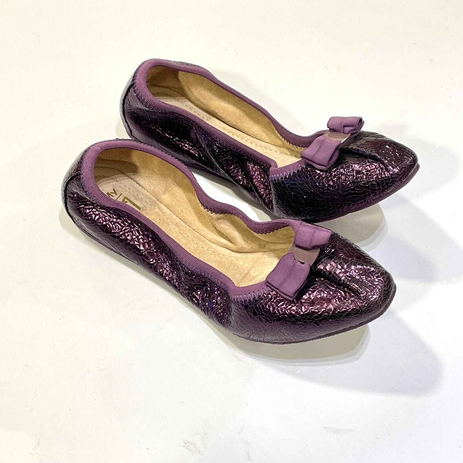 只有35碼~全球最抵!!! 全新FERRAGAMO FLAT SHOES, 深紫色裂紋牛皮配蝴蝶結,菲拉格慕,芭蕾舞鞋,#折疊娃娃鞋 #BRAND NEW #香榭站正品