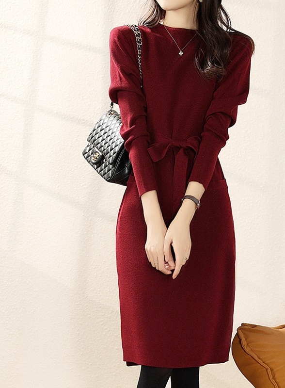 平領直筒綁帶針織洋裝 紅色