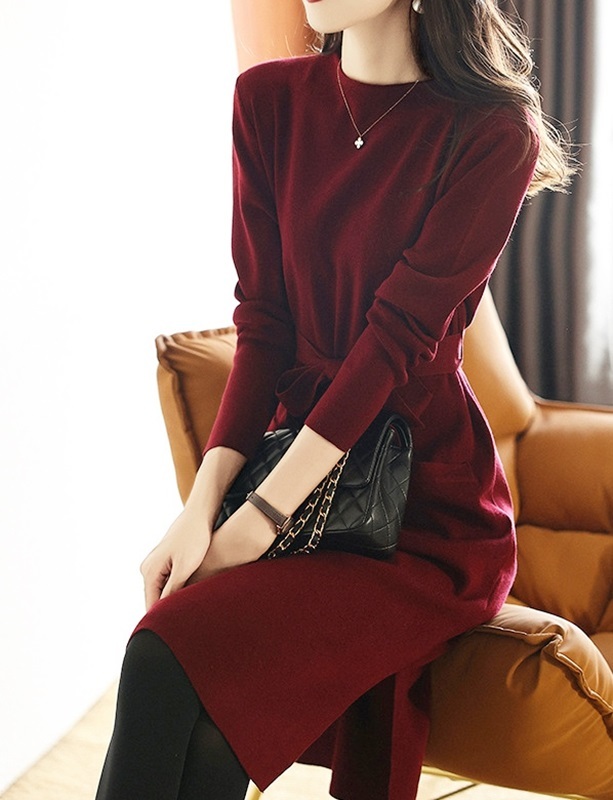 平領直筒綁帶針織洋裝 紅色