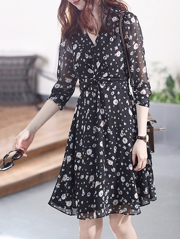 碎花長袖雪紡洋裝 黑色