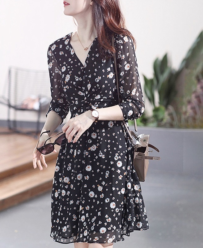 碎花長袖雪紡洋裝 黑色