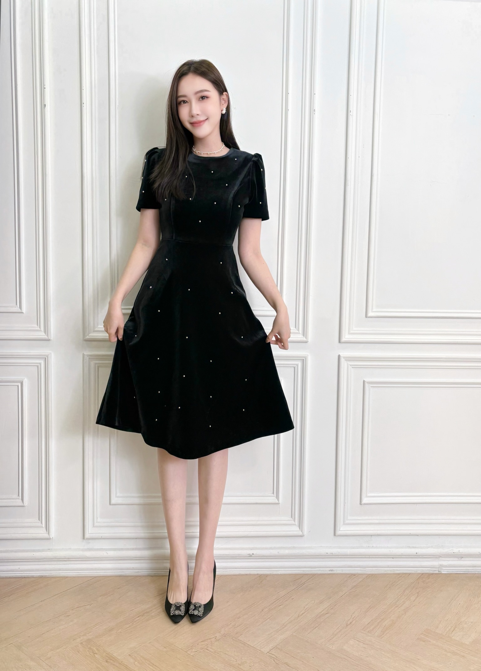 絕美短袖銀珠絨面洋(及膝)