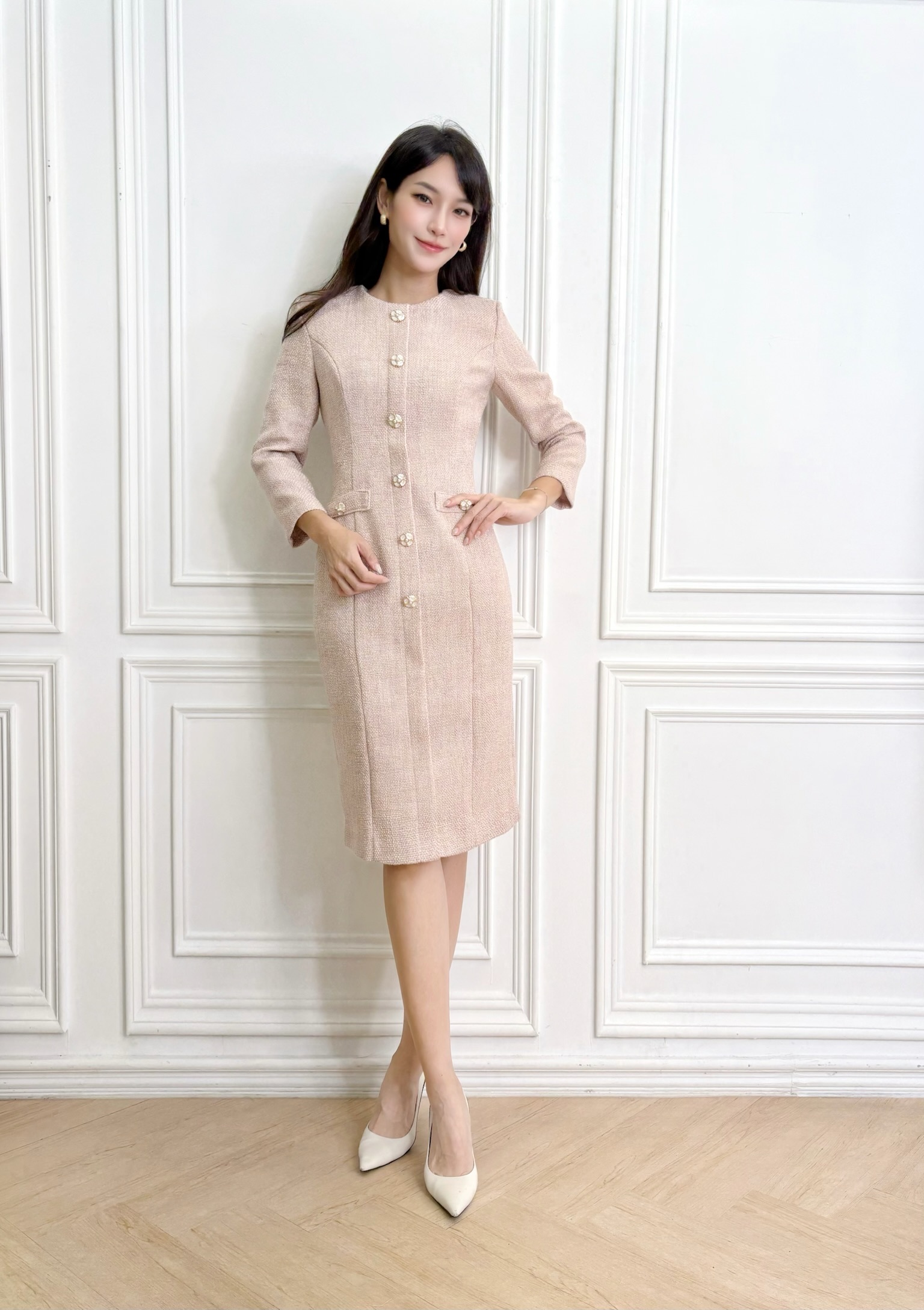 (經典小香風)毛呢織紋幸運草釦洋