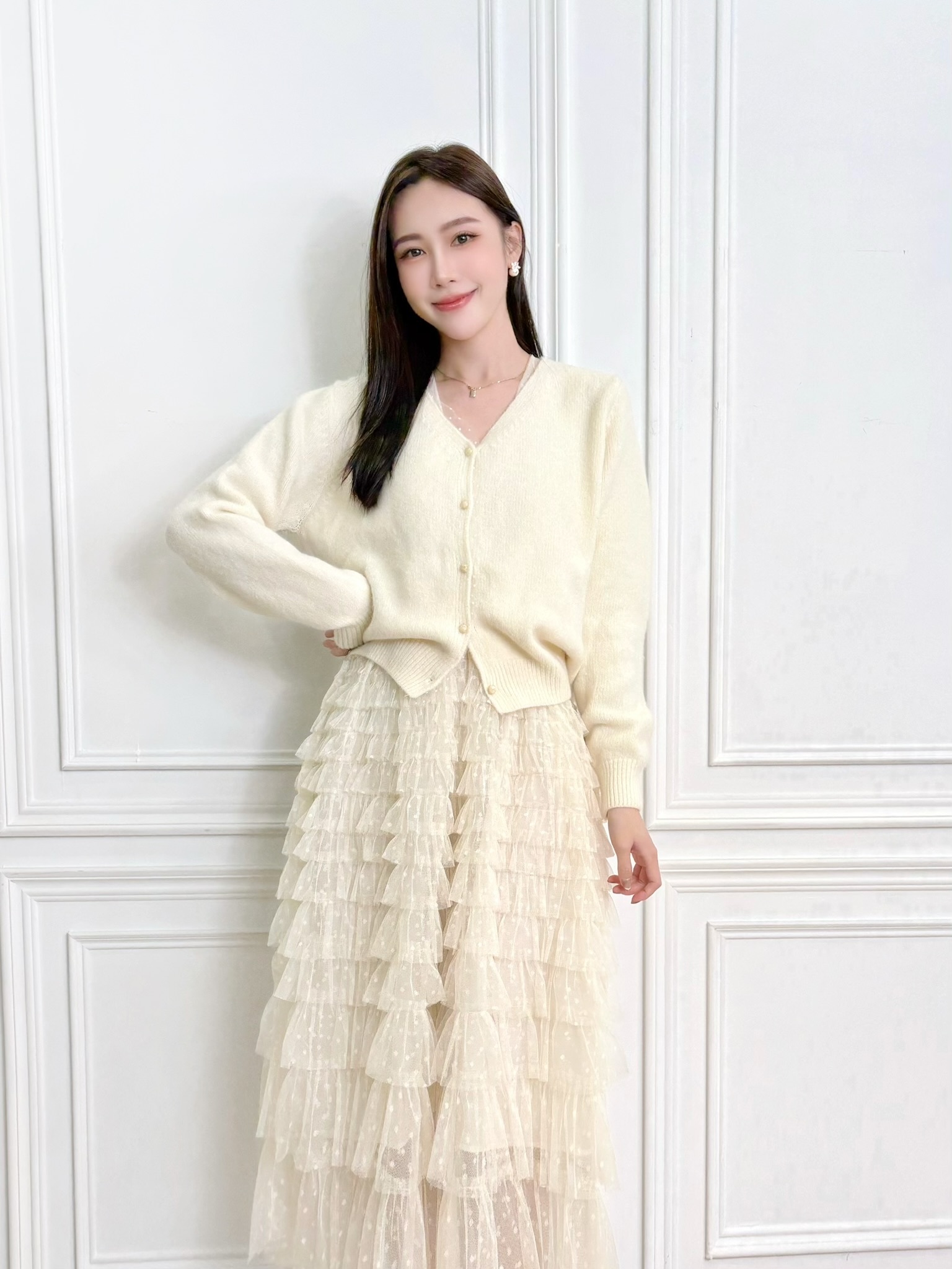 透紗點點開襟毛衣