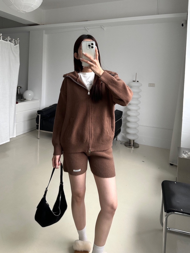 快速出門！針織連帽外套＋針織短褲兩件式套裝