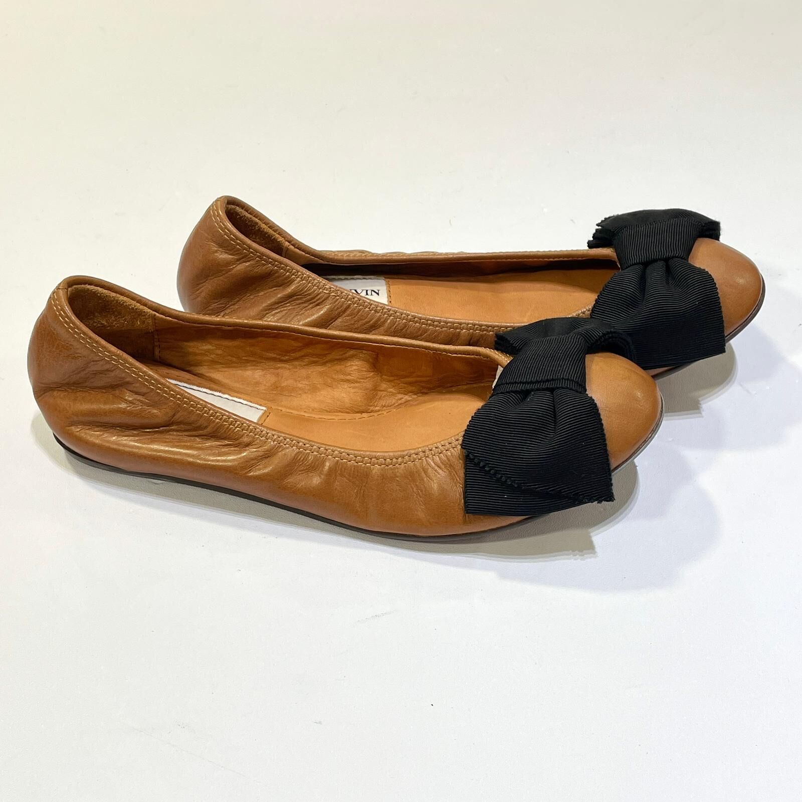 只有35碼~全球最抵!!! 全新LANVIN FLAT SHOES, 啡色小牛皮,黑色蝴蝶結, 浪凡平底鞋,芭蕾舞鞋 #香榭站正品