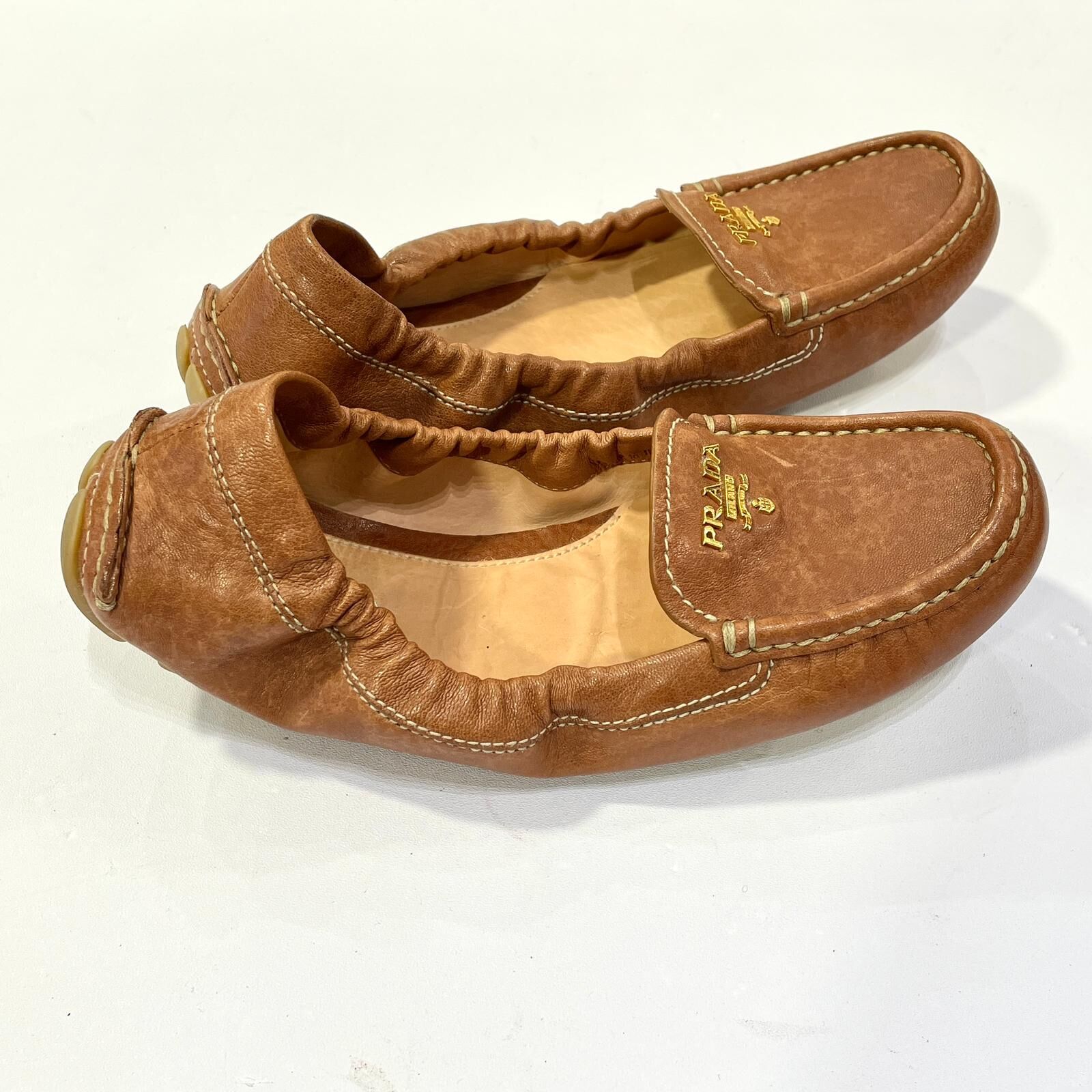 只有35碼~全球最抵!!! 全新PRADA FLAT SHOES, 棕色做舊小牛皮樂福鞋, 普拉達平底鞋-芭蕾舞鞋, #香榭站正品