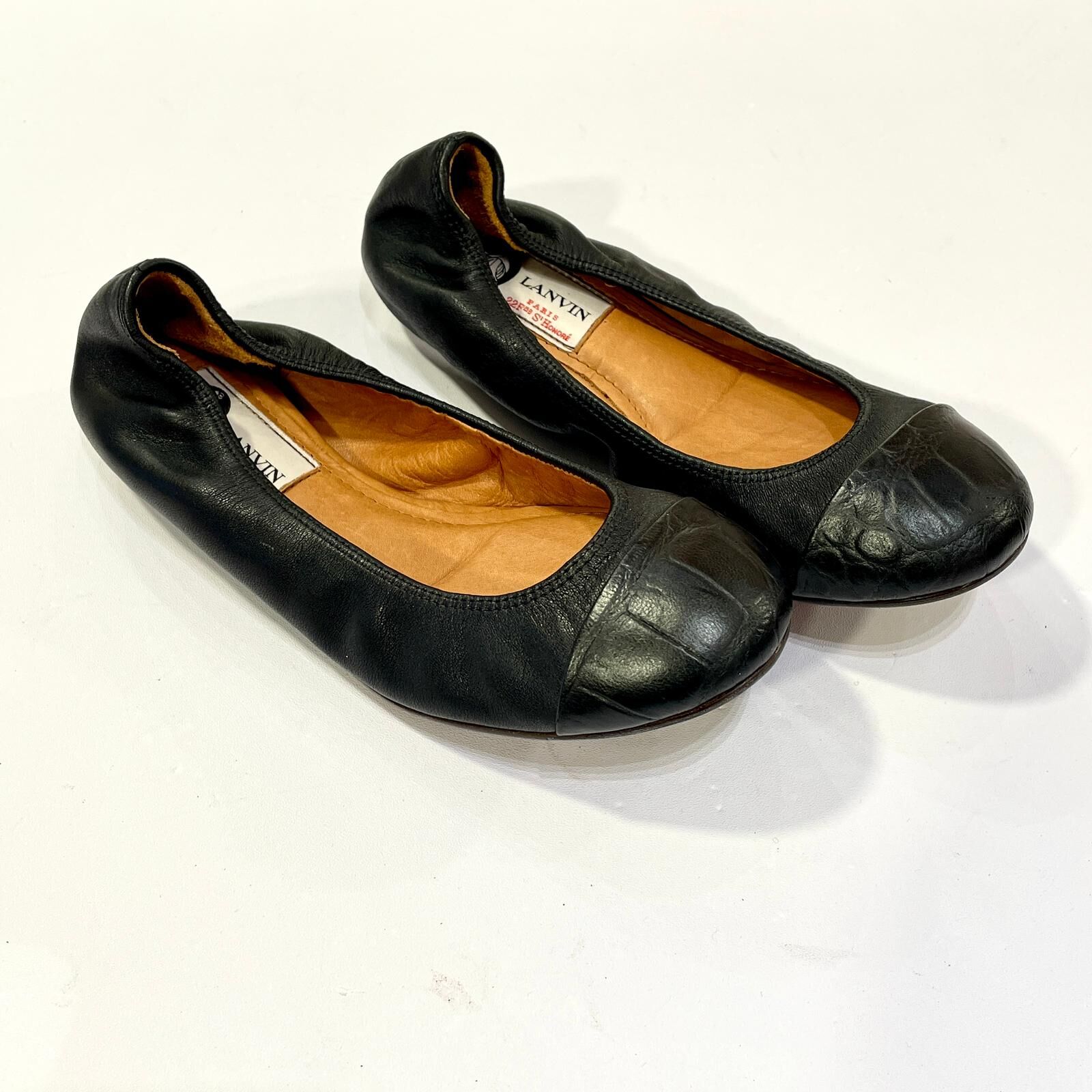 只有35碼~全球最抵!!! 全新LANVIN FLAT SHOES, 黑色小牛皮平底鞋, 鱷魚紋壓花鞋頭, 浪凡芭蕾舞鞋, #香榭站正品