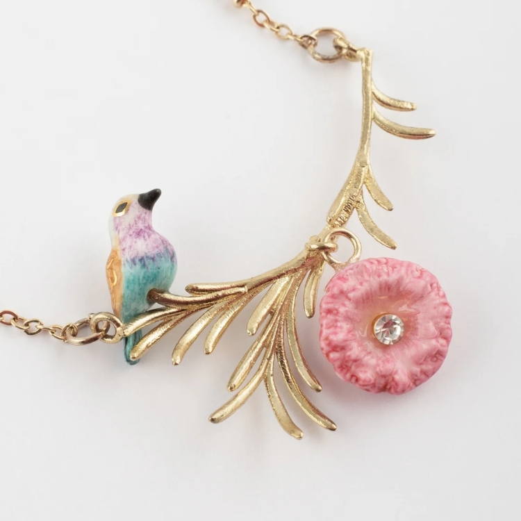 粉藍色鳥與薊花瓷項鍊