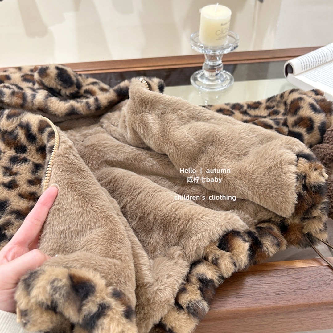 豹紋毛毛連帽加絨外套