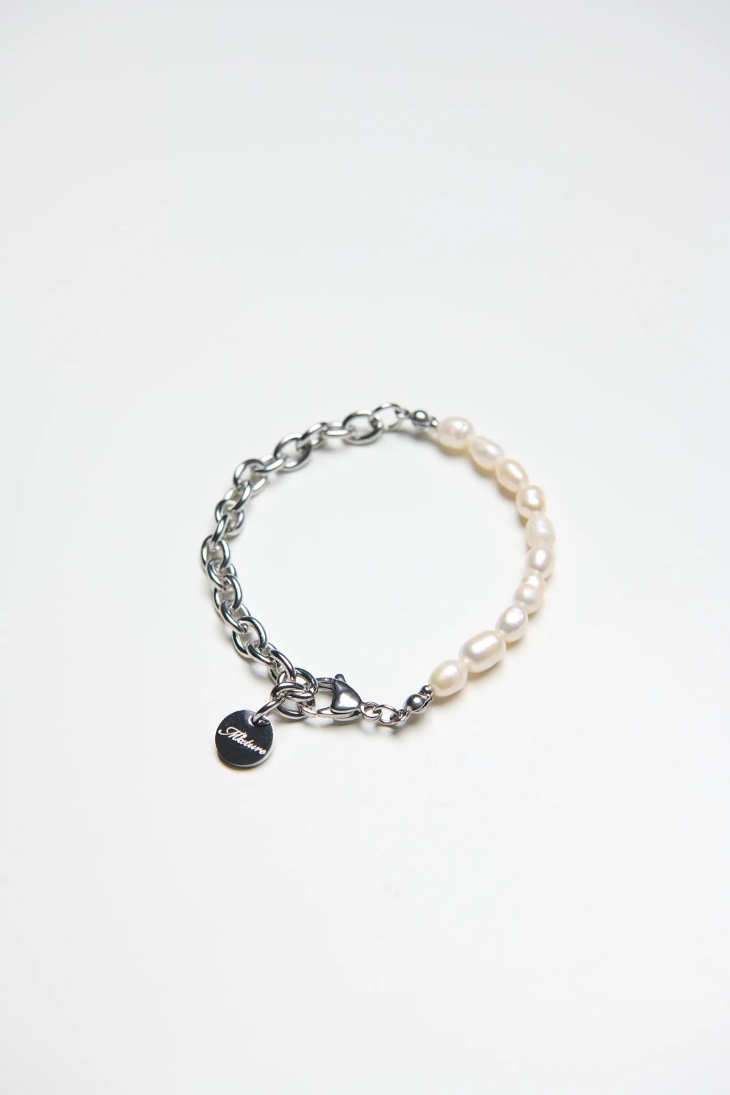 MB031 天然米型淡水珍珠拼接橢圓鋼鍊手鍊