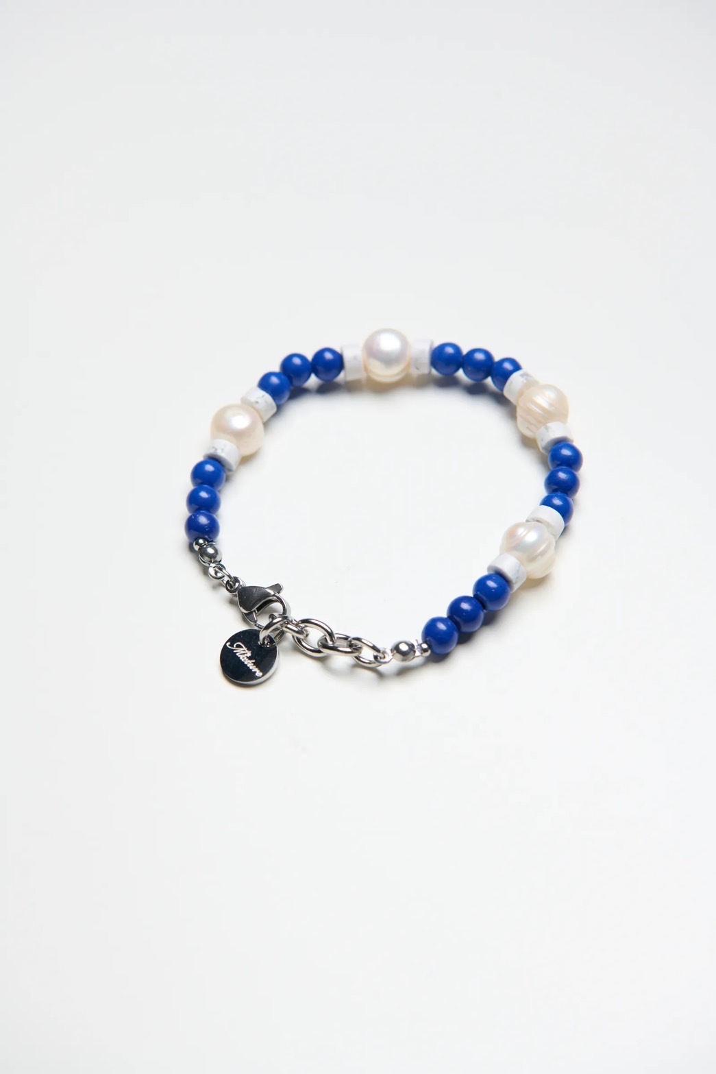 MB033 藍玉石圓珠串接白天然石 / 天然淡水珍珠手鏈