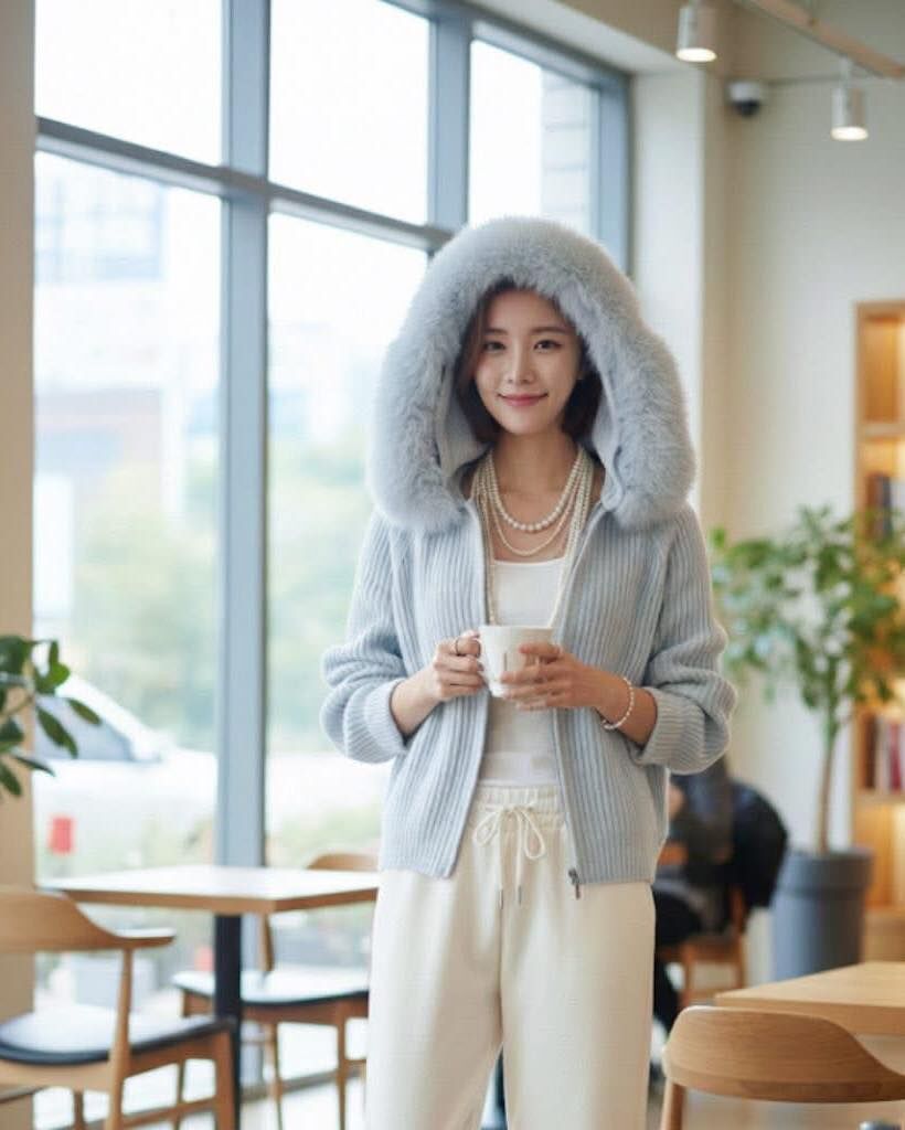 【質感時髦的毛毛領連帽針織外套+背心+寬褲3件組】（現貨）