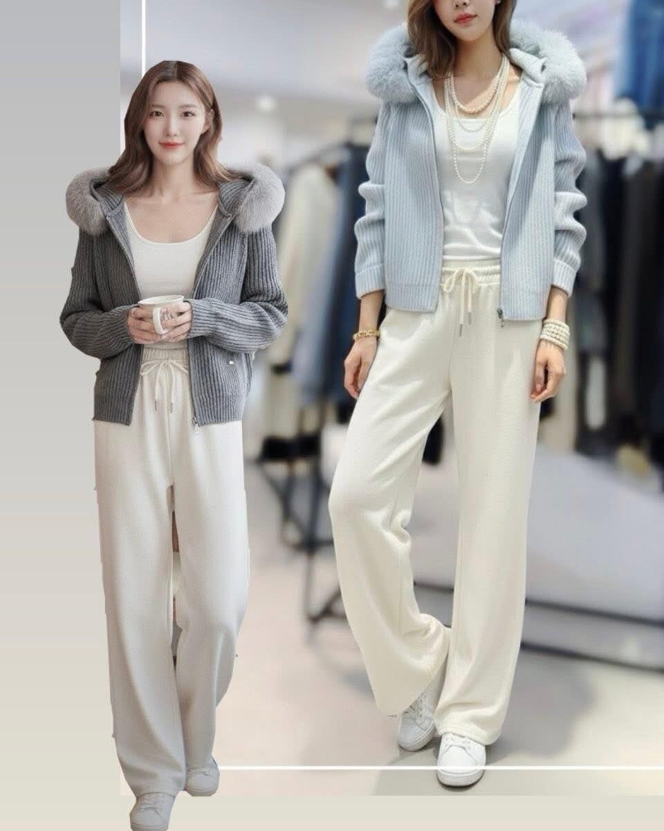 【質感時髦的毛毛領連帽針織外套+背心+寬褲3件組】（現貨）