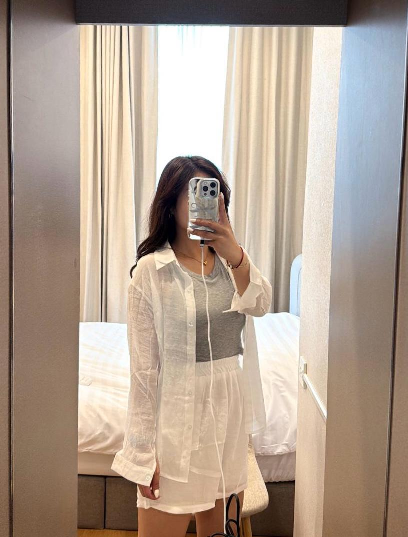 棉麻透薄恤衫短褲套裝(白色)