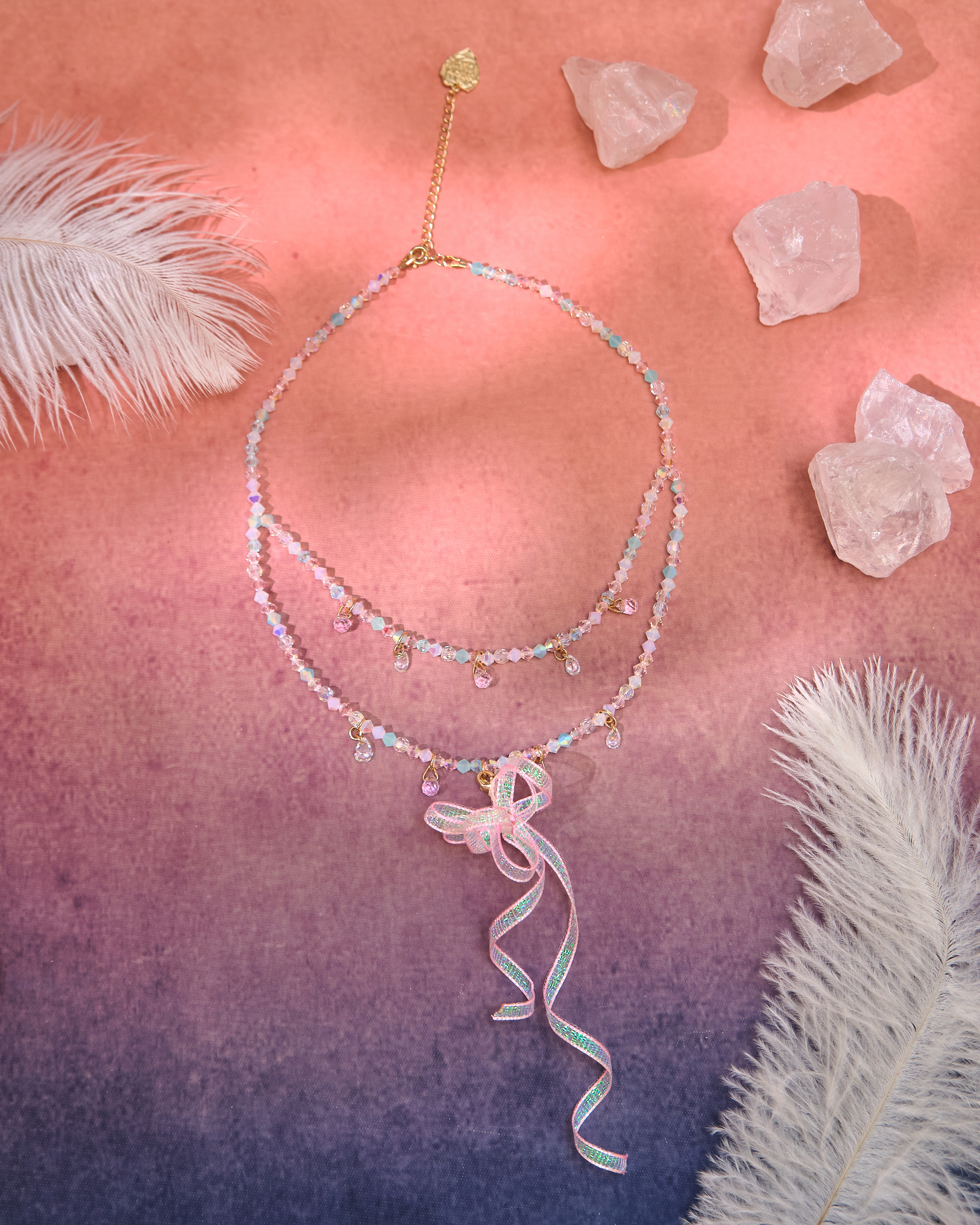 13081 Candy Double-Layer Crystal Collarbone Chain with Detachable Bow