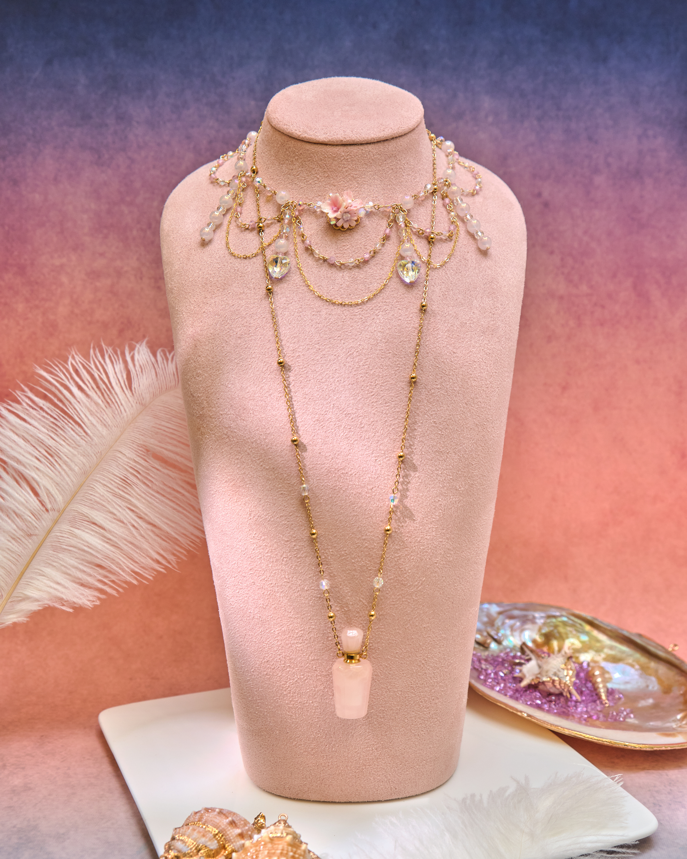 13089 Mini Perfume Bottle Crystal Collarbone & Long Necklace S925 Duo Set