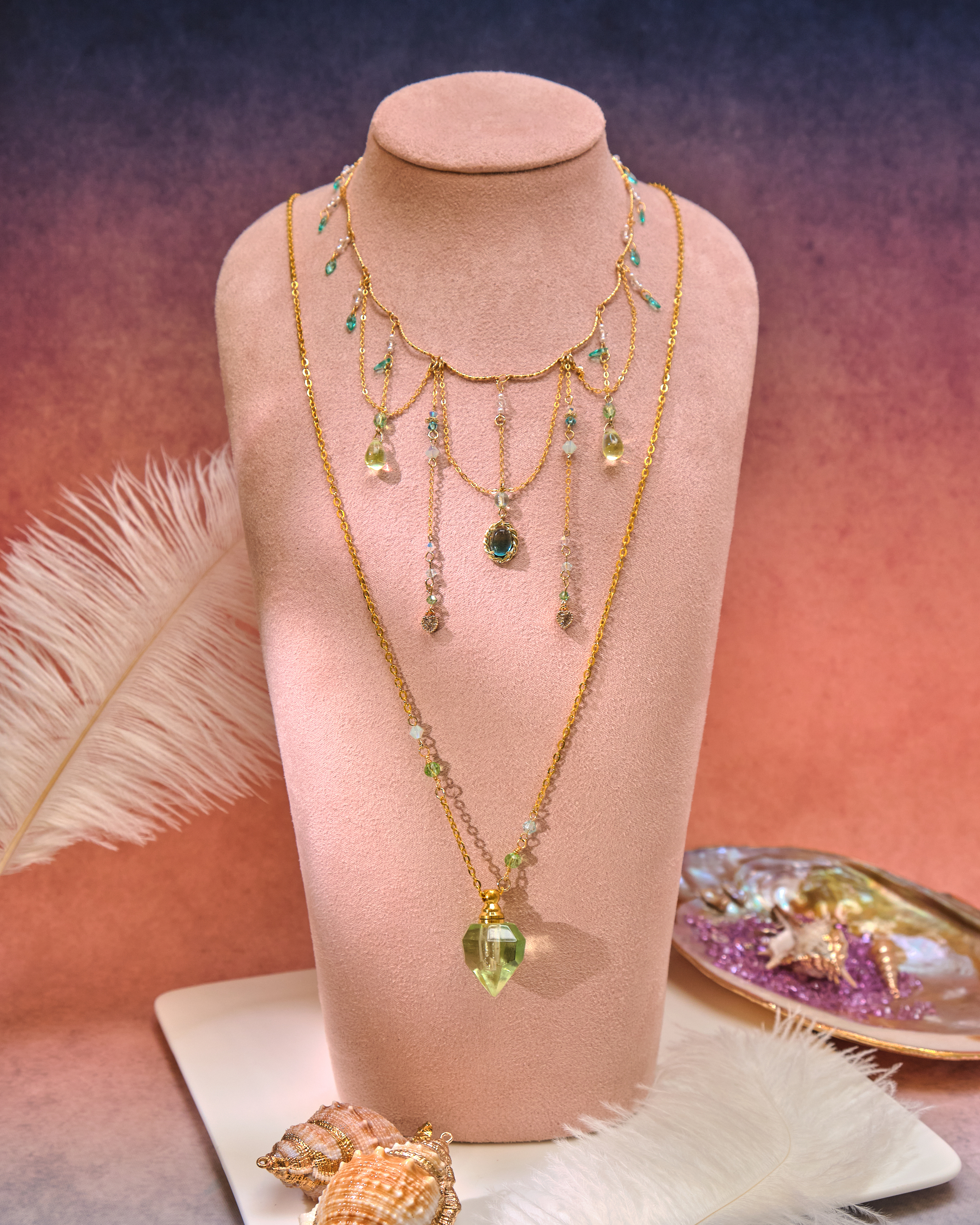 13086 迷你香水瓶水晶串鎖骨及長頸鏈S925兩件套裝