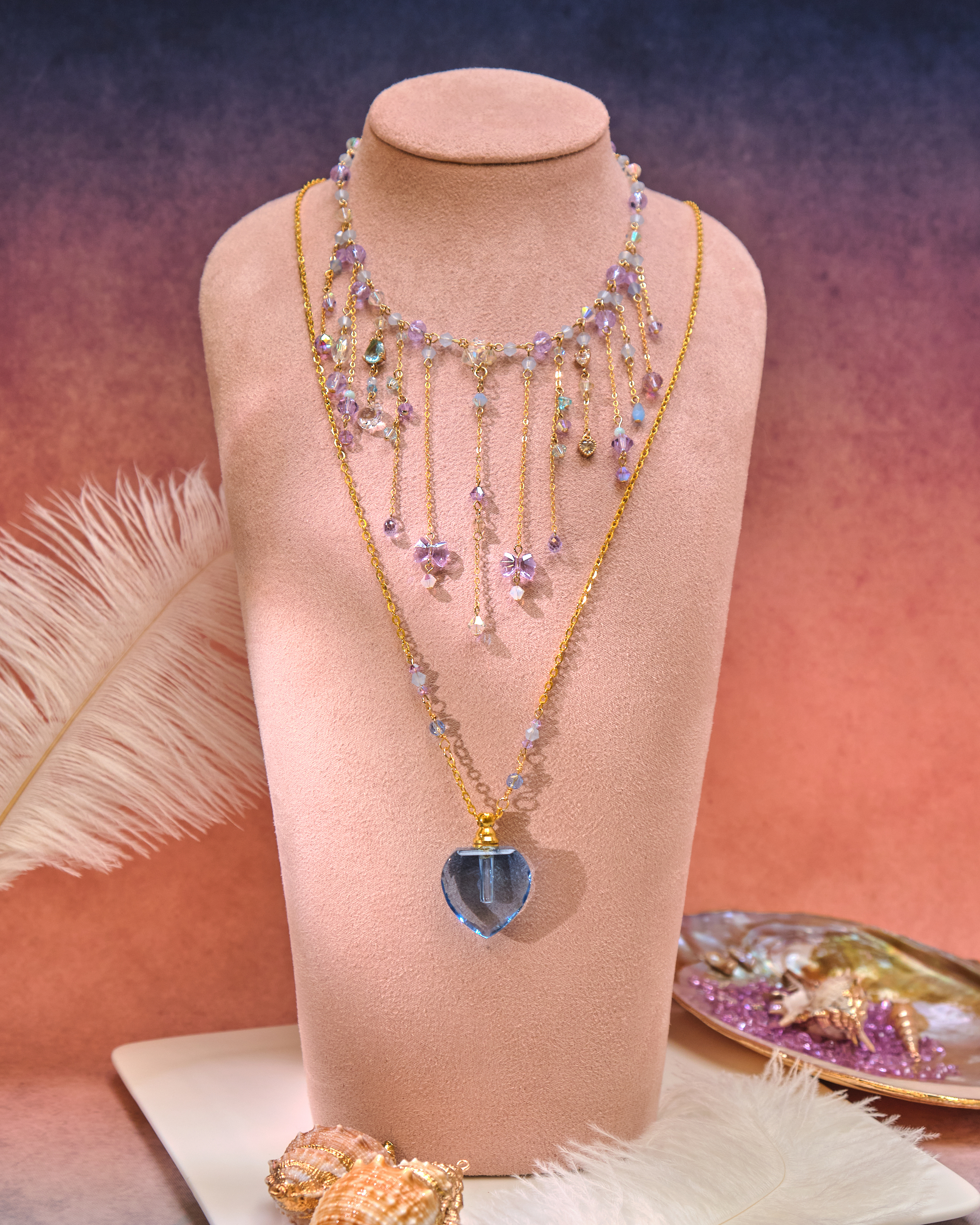 13087 Mini Perfume Bottle Crystal Collarbone & Long Necklace S925 Duo Set