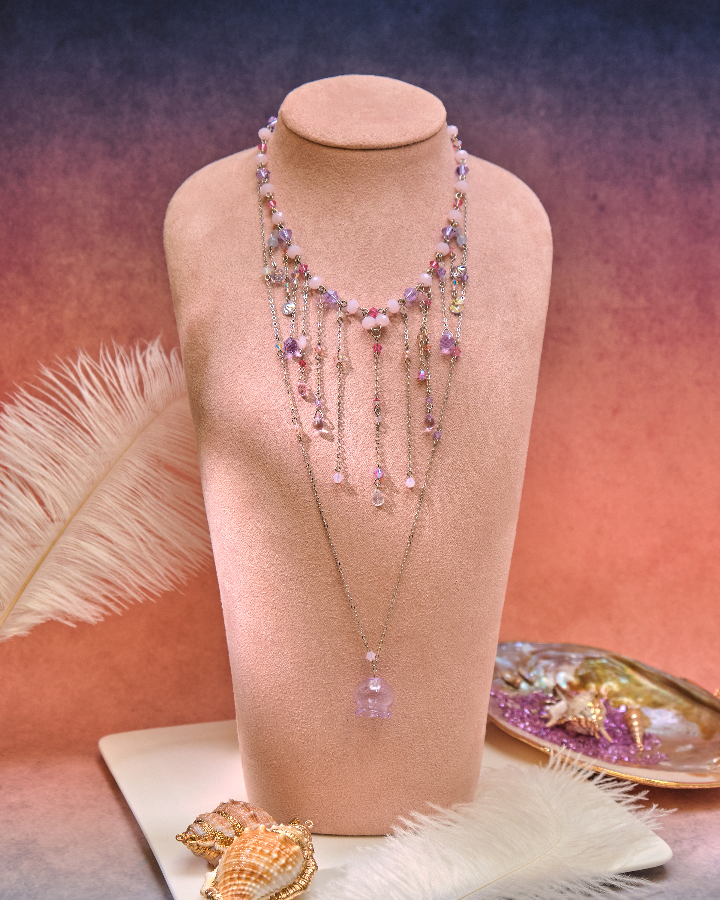 13085 迷你香水瓶水晶串鎖骨及長頸鏈S925兩件套裝