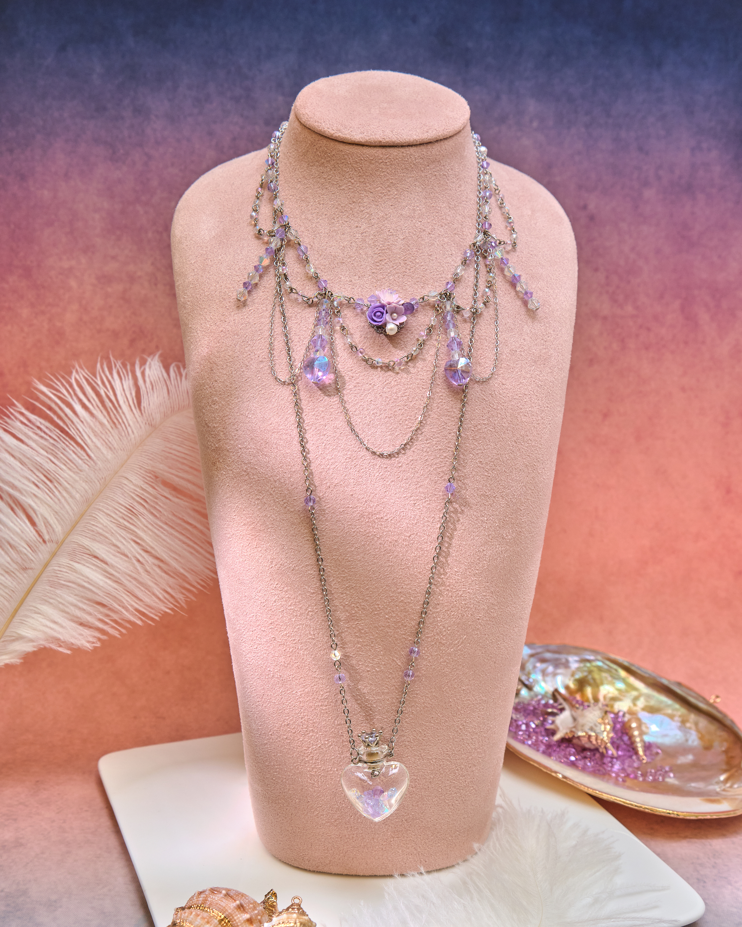 13088 Mini Perfume Bottle Crystal Collarbone & Long Necklace S925 Duo Set