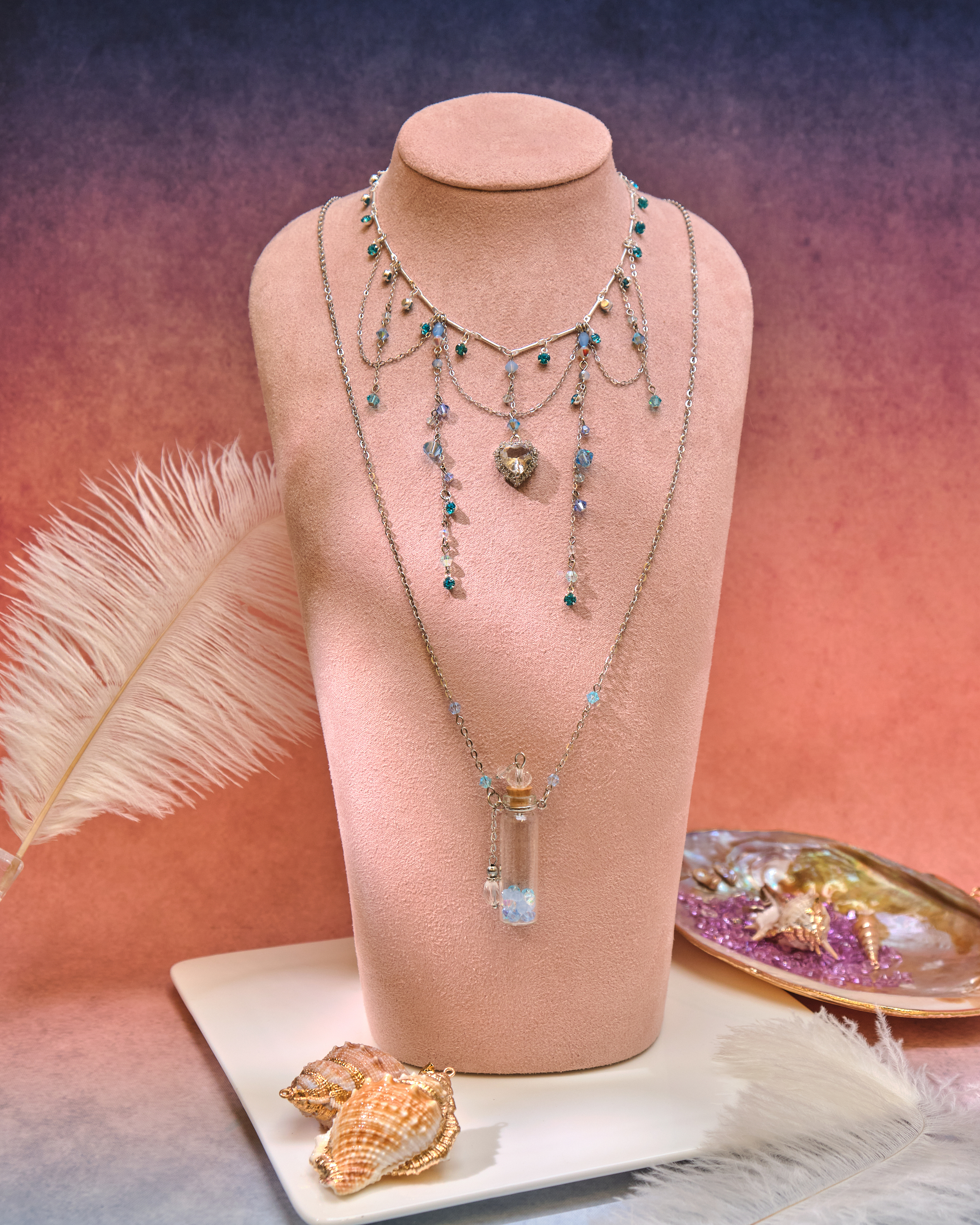 13084 迷你香水瓶水晶串鎖骨及長頸鏈S925兩件套裝