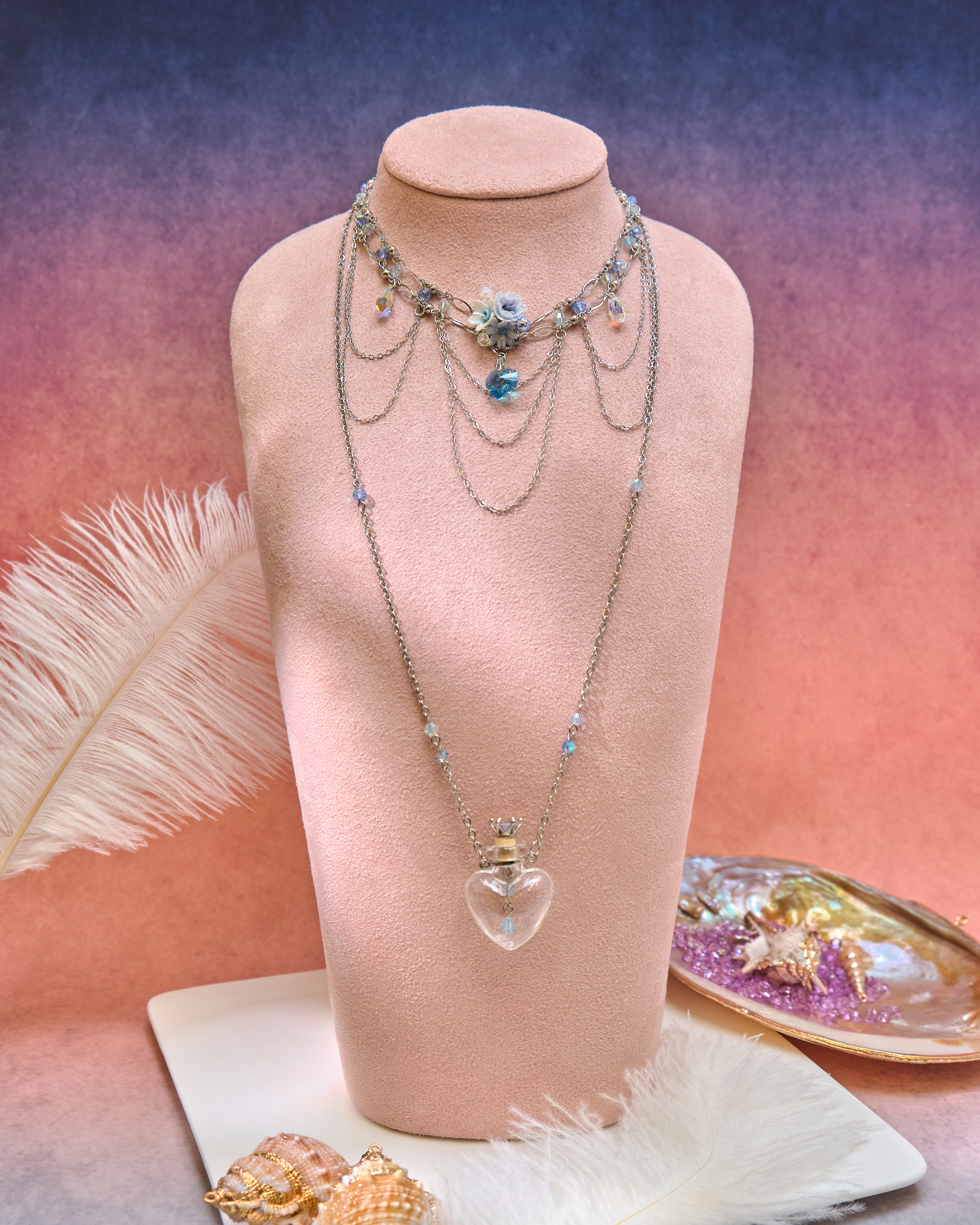 13083 Mini Perfume Bottle Crystal Collarbone & Long Necklace S925 Duo Set