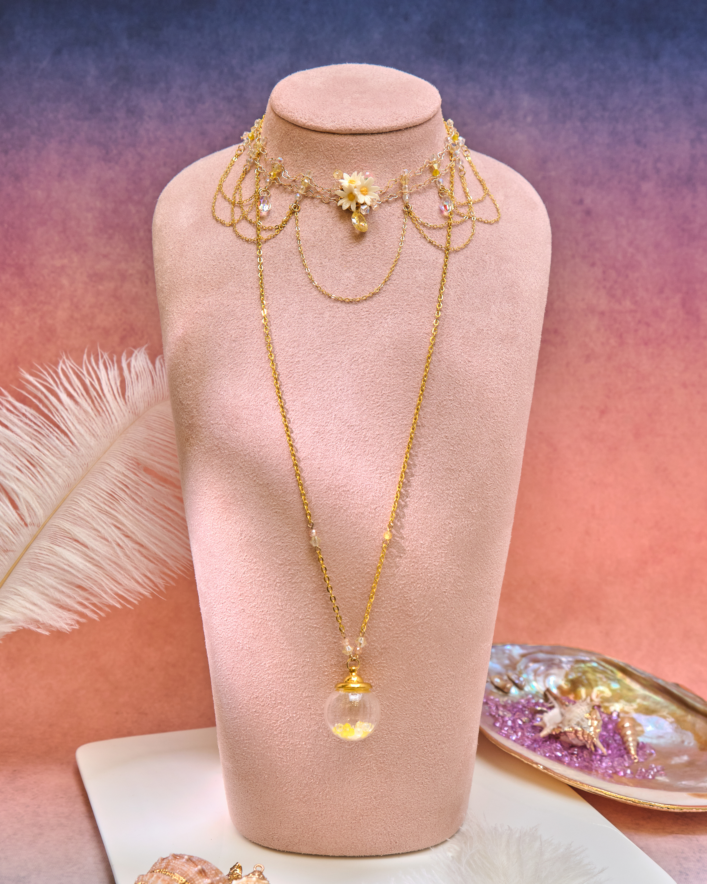 13082 Mini Perfume Bottle Crystal Collarbone & Long Necklace S925 Duo Set