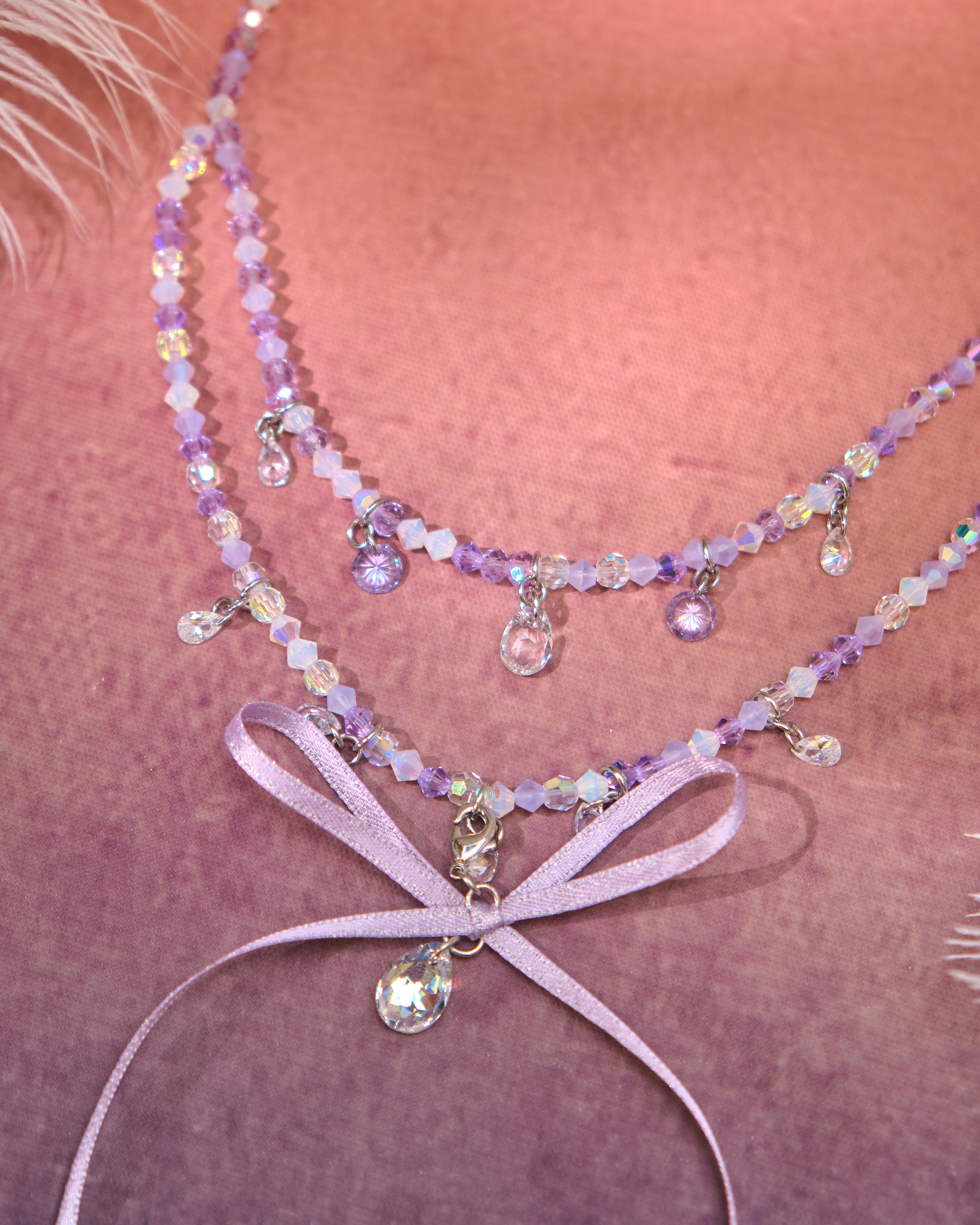 13077 Candy Double-Layer Crystal Collarbone Chain with Detachable Bow