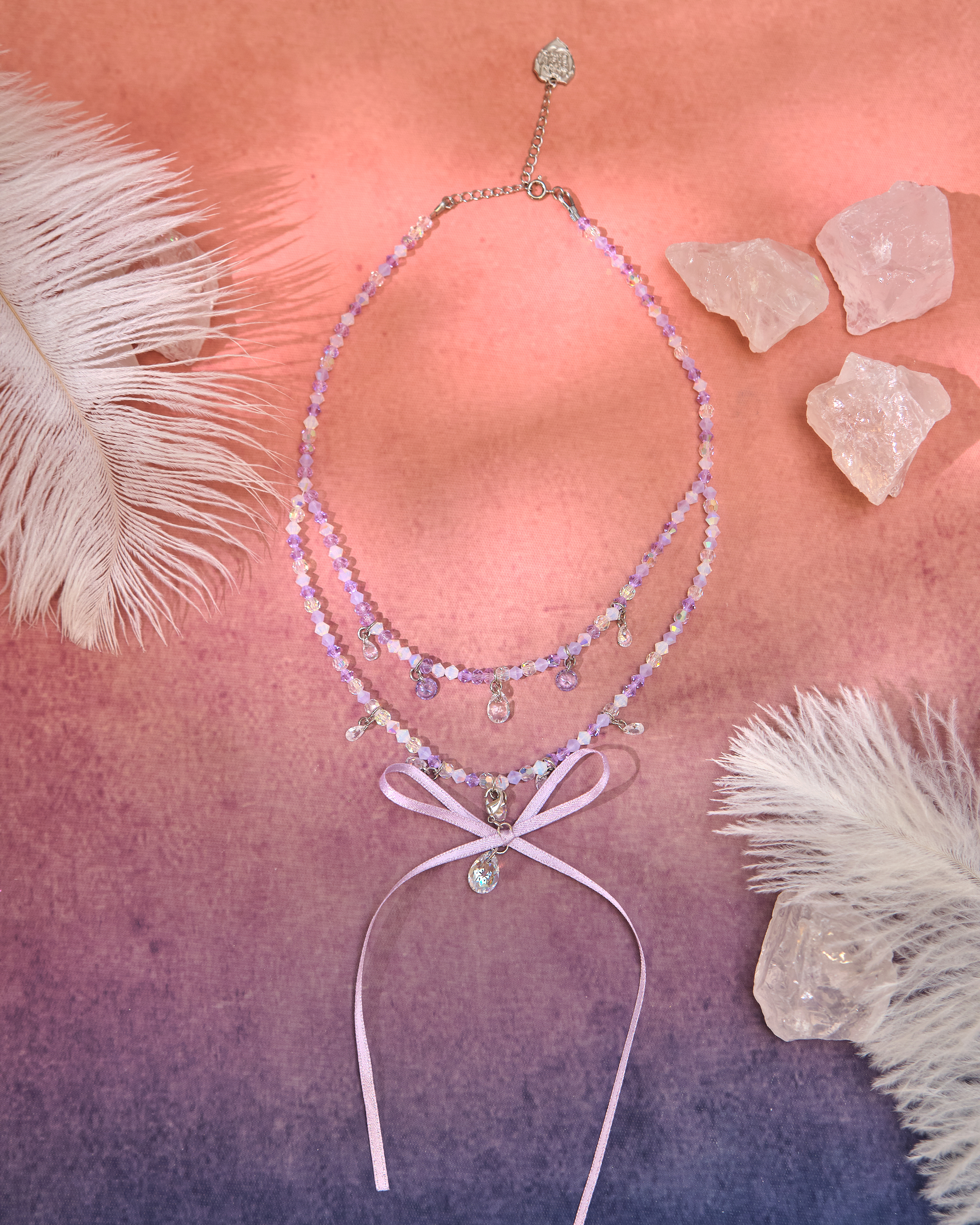 13077 Candy Double-Layer Crystal Collarbone Chain with Detachable Bow