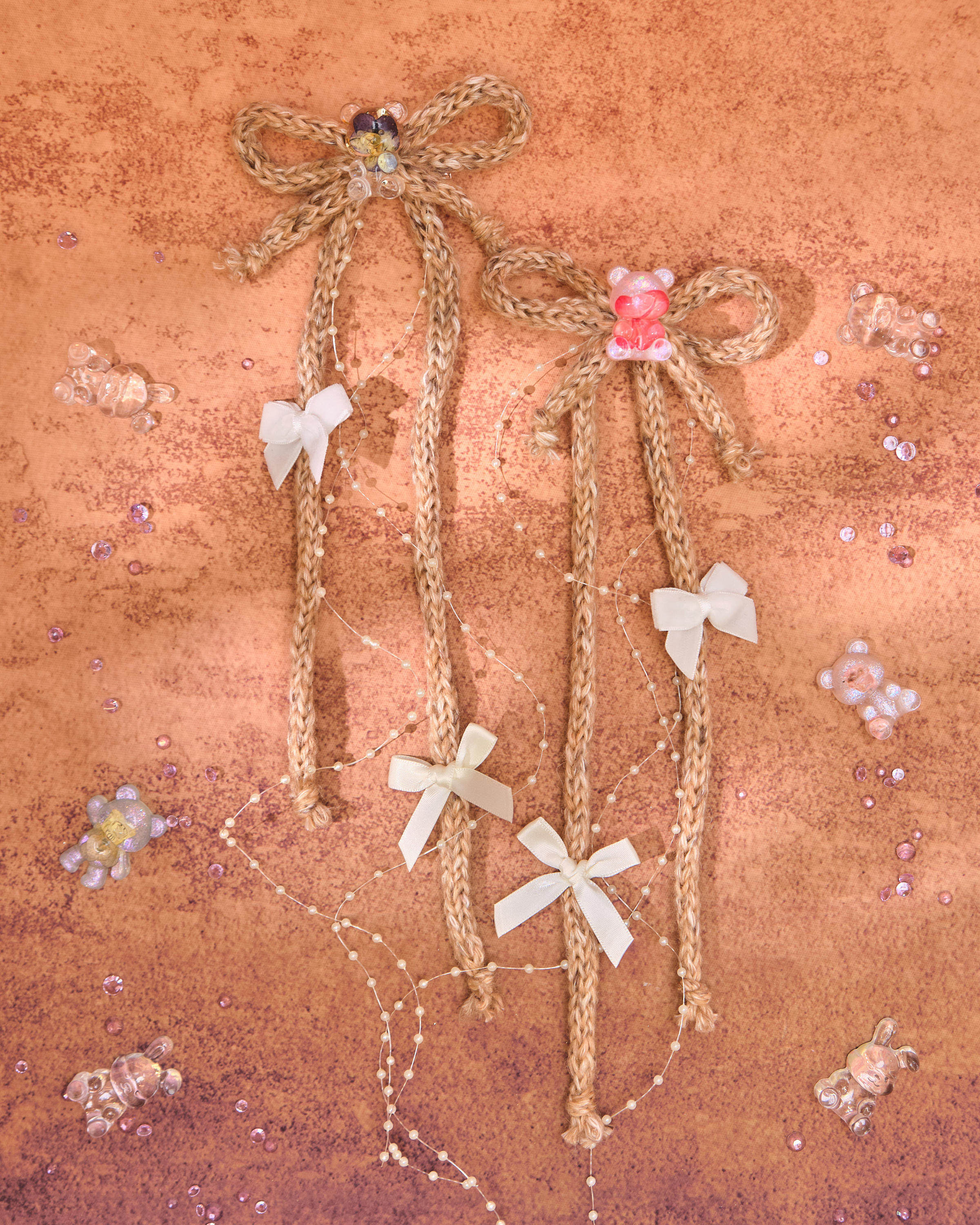 13064 Cream Teddy Knitted Double Bow Bill Clip Set