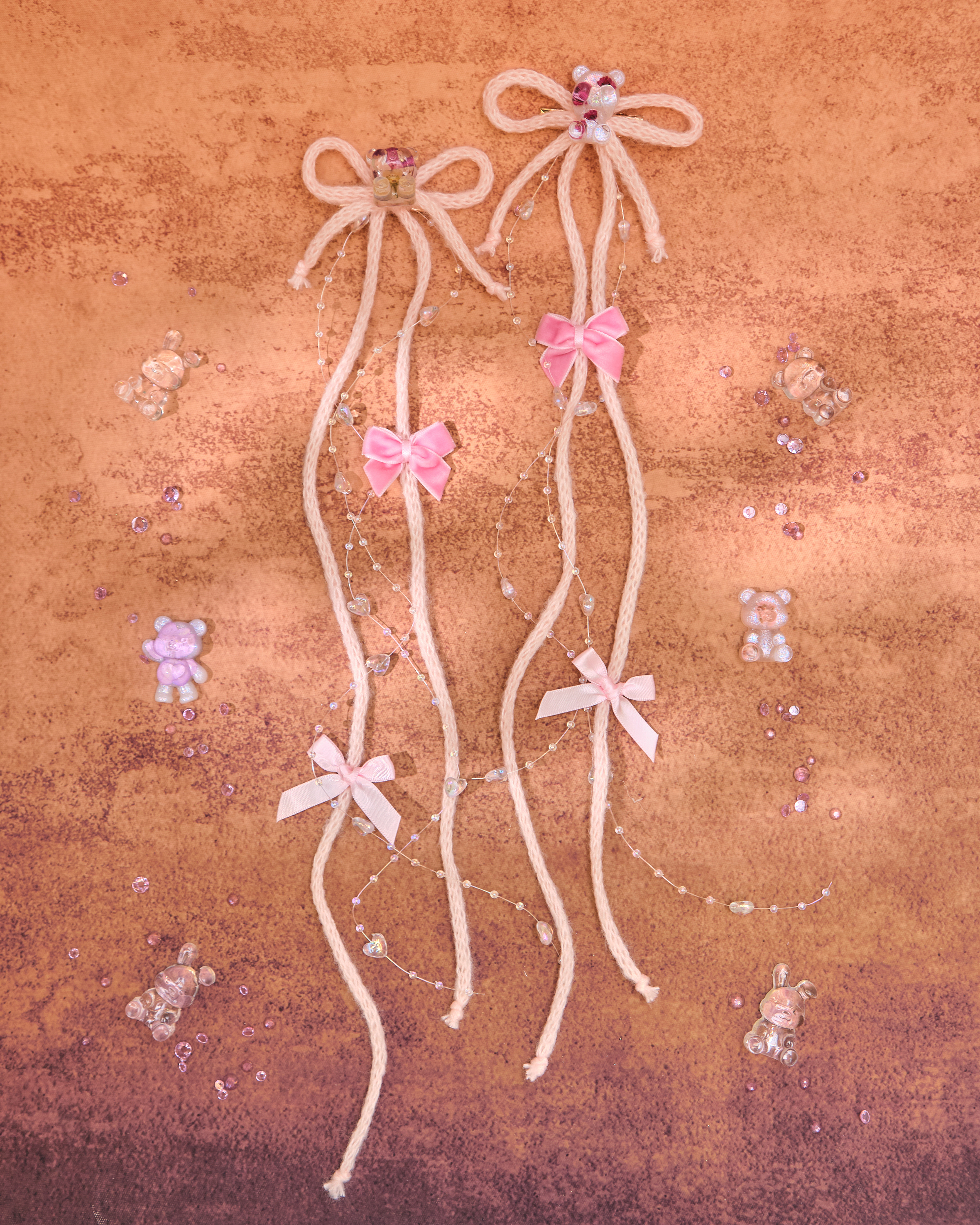 13063 Cream Teddy Knitted Double Bow Bill Clip Set