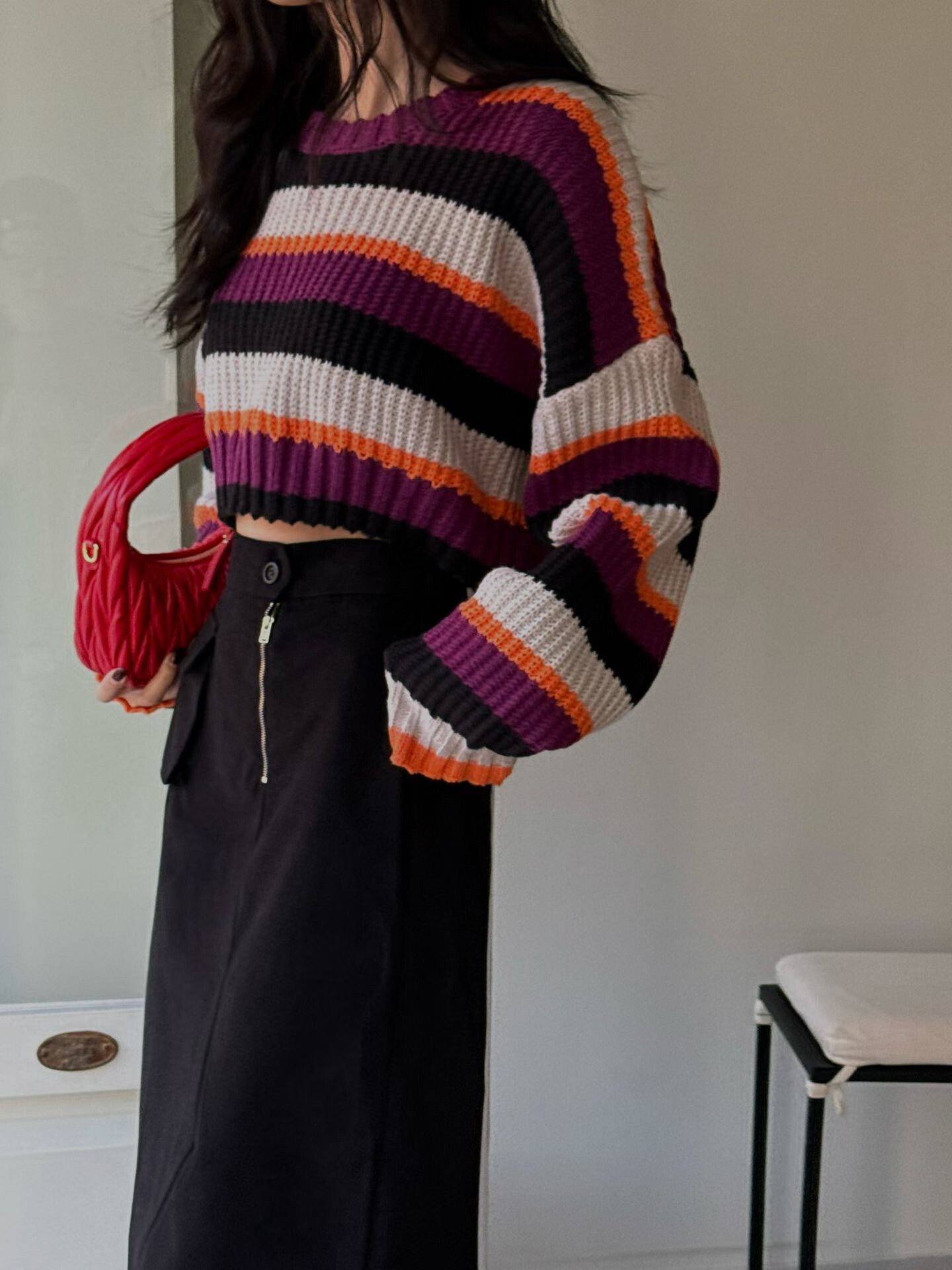 短版粗針橫條毛衣