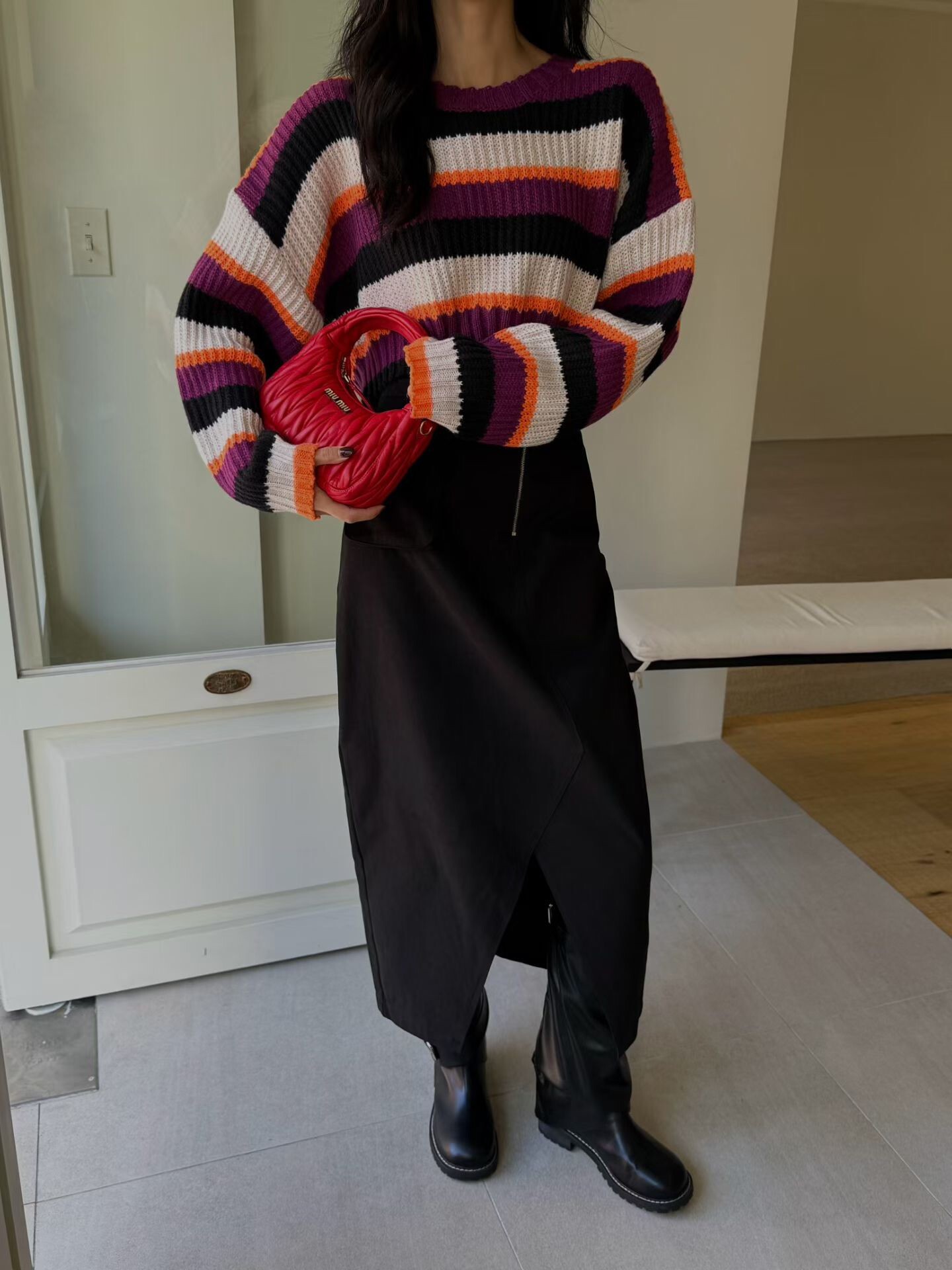 短版粗針橫條毛衣