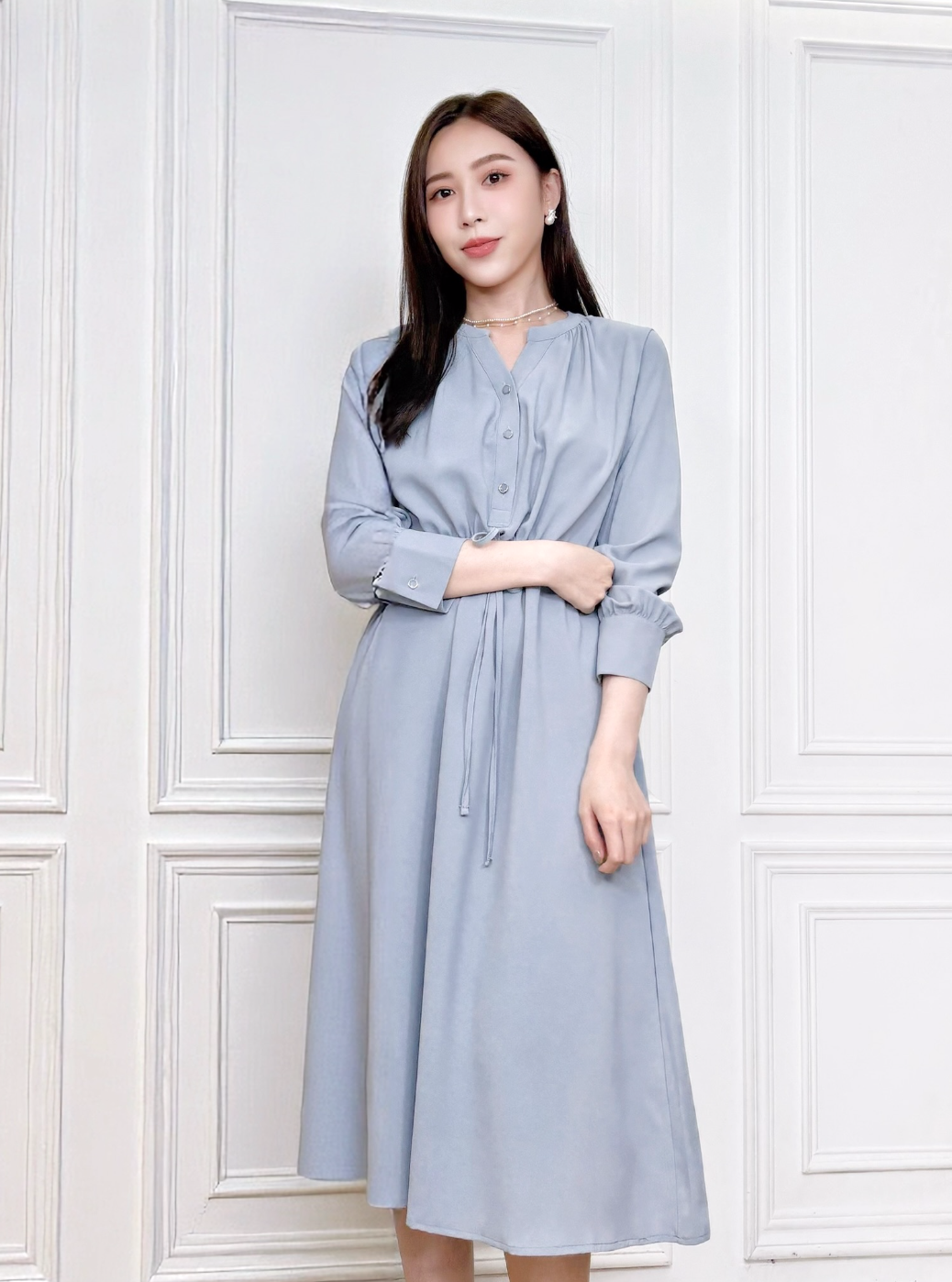 V領抽繩收腰傘擺洋