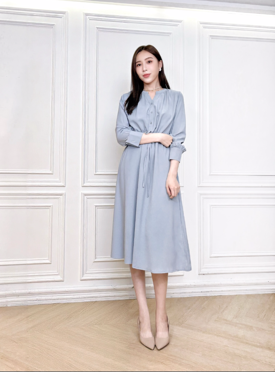 V領抽繩收腰傘擺洋