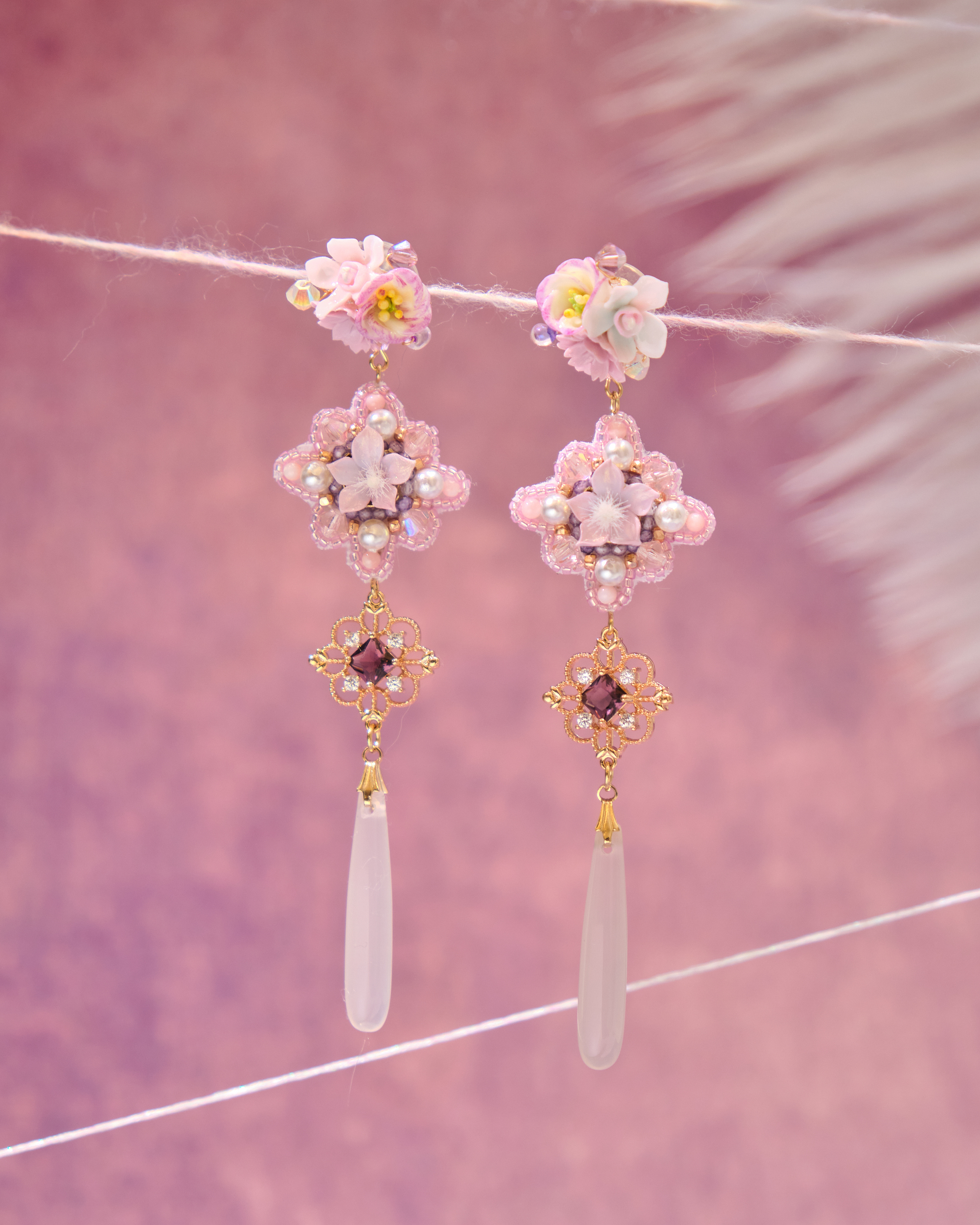 13010 華麗手製水晶刺繡補丁兩用S925耳環