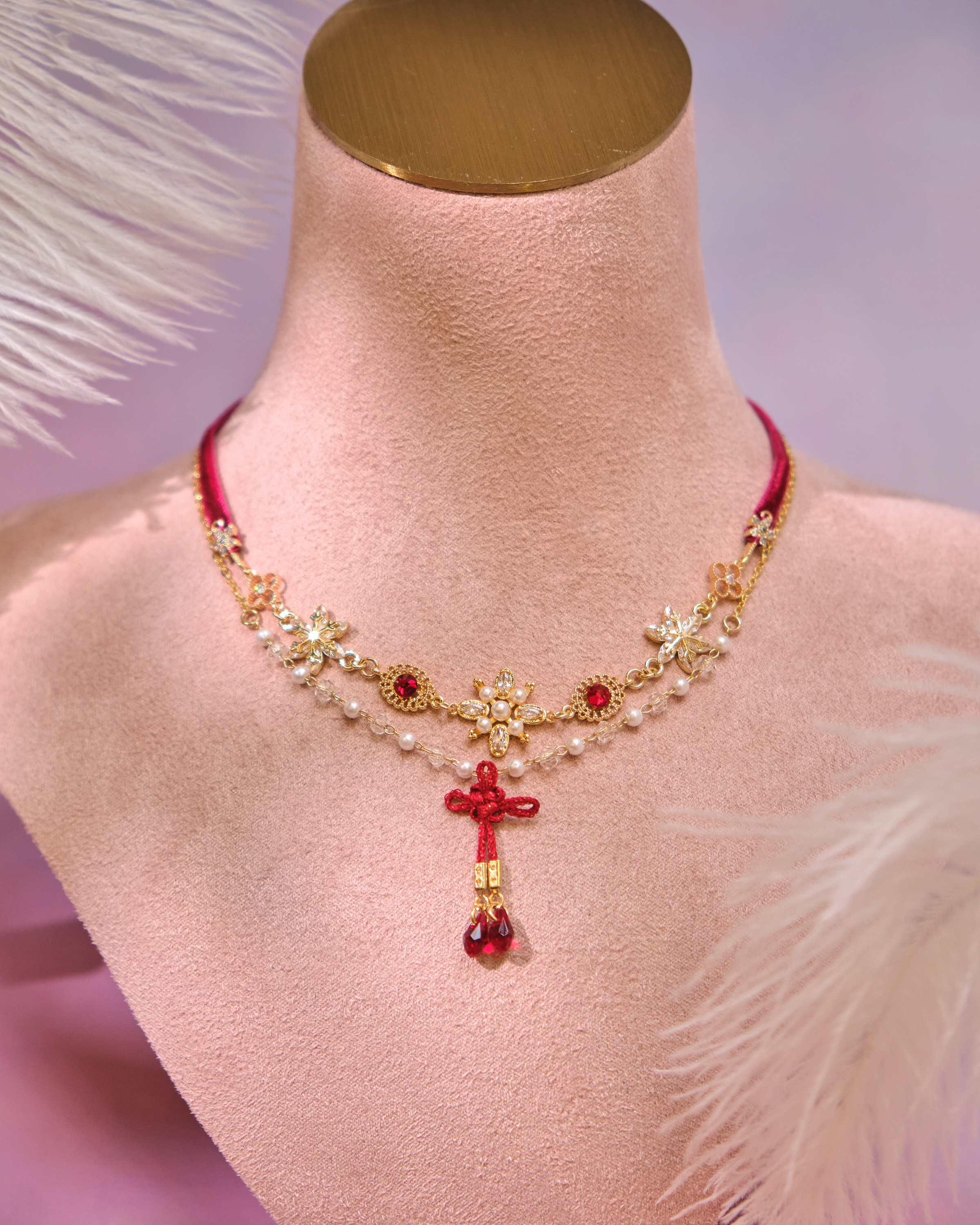 12999 Velvet Knot Crystal Court Choker with S925 Collarbone Chain
